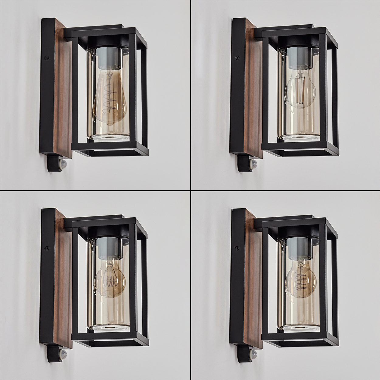 Vier Bilder einer schwarz-holzfarbenen Wandlampe mit einer Glühbirne in einem Glaszylinder.