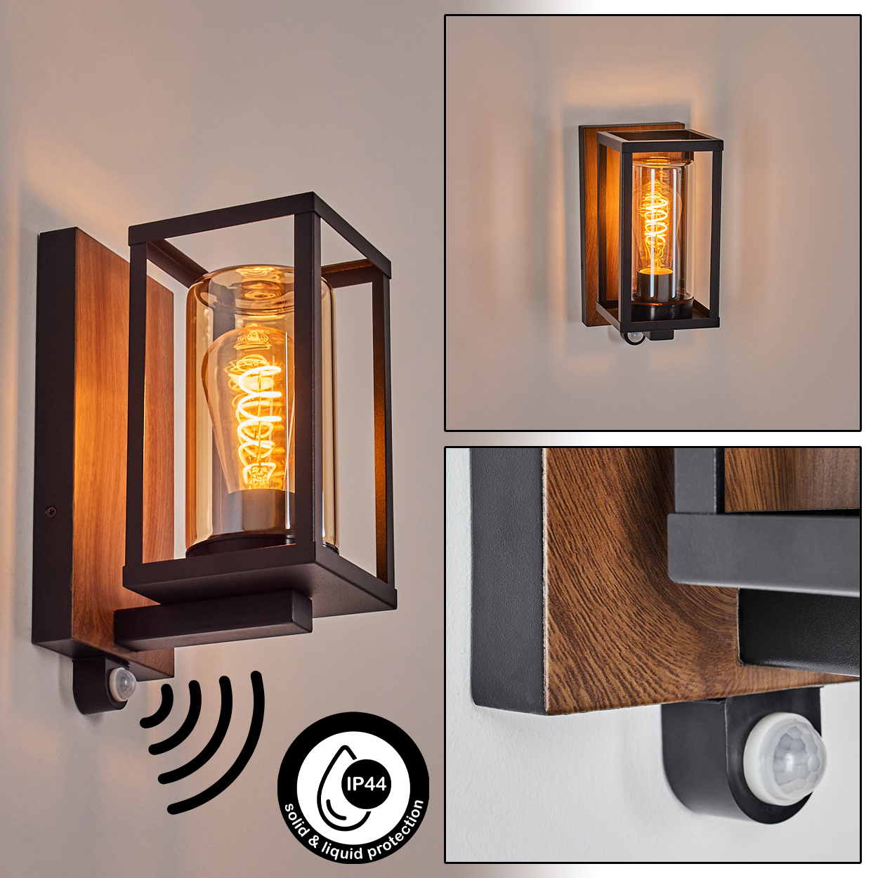 Eine Wandlampe mit Glaszylinder, Glühbirne und Sensor, mit Wasserschutzsymbol.