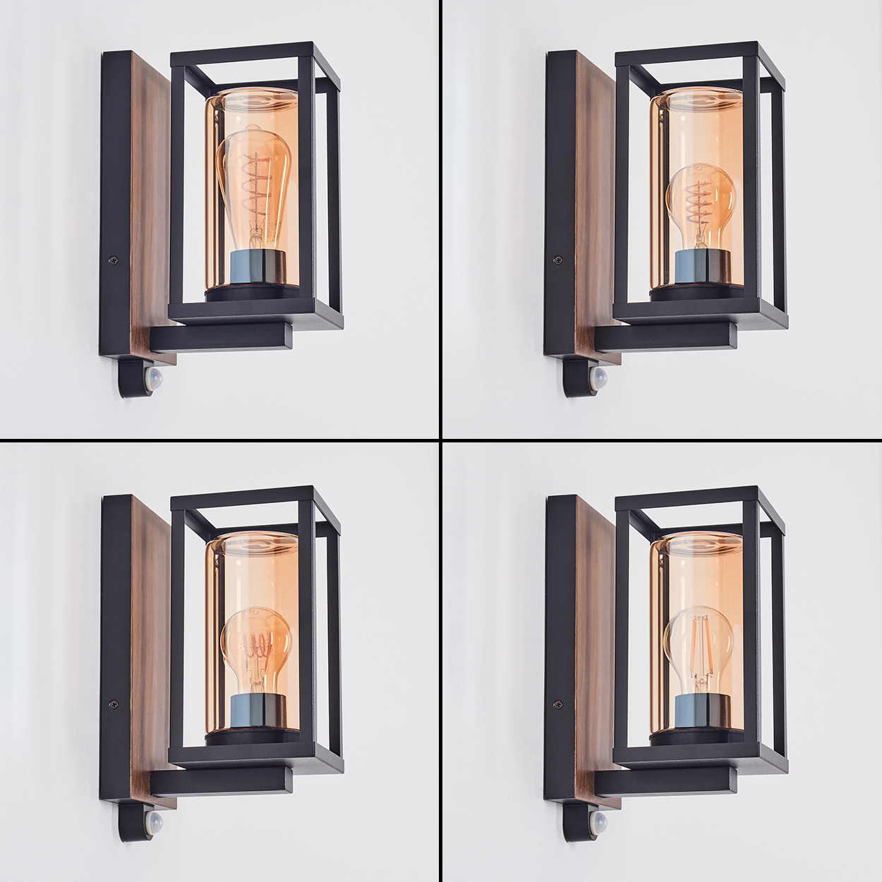Vier Bilder einer modernen Wandlampe mit schwarzem Rahmen, Holzsockel und orangefarbener Glasröhre, die eine Glühbirne umschließt.
