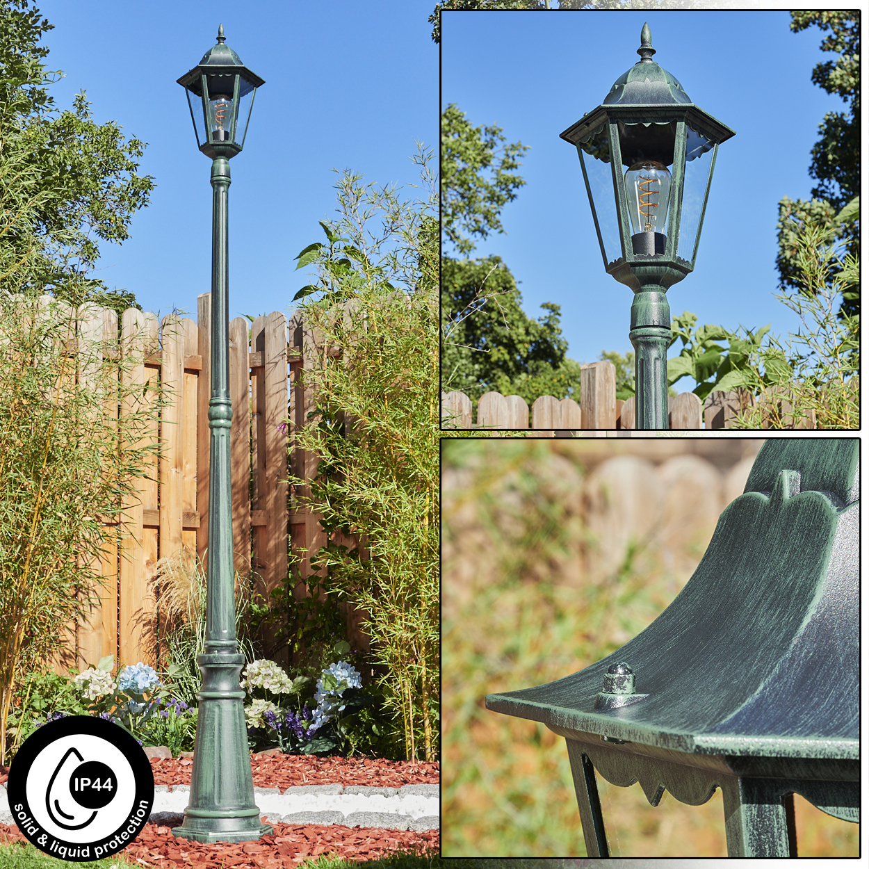 Laternenpfahl im Freien in einem Garten. Die Lampe hat eine dekorative Spitze, der Hintergrund ist ein Garten.