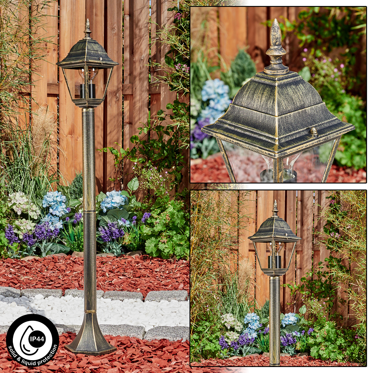Laternenpfahl im Freien mit zwei Nahaufnahmen. Die Lampe hat eine dekorative Spitze und steht im Garten.