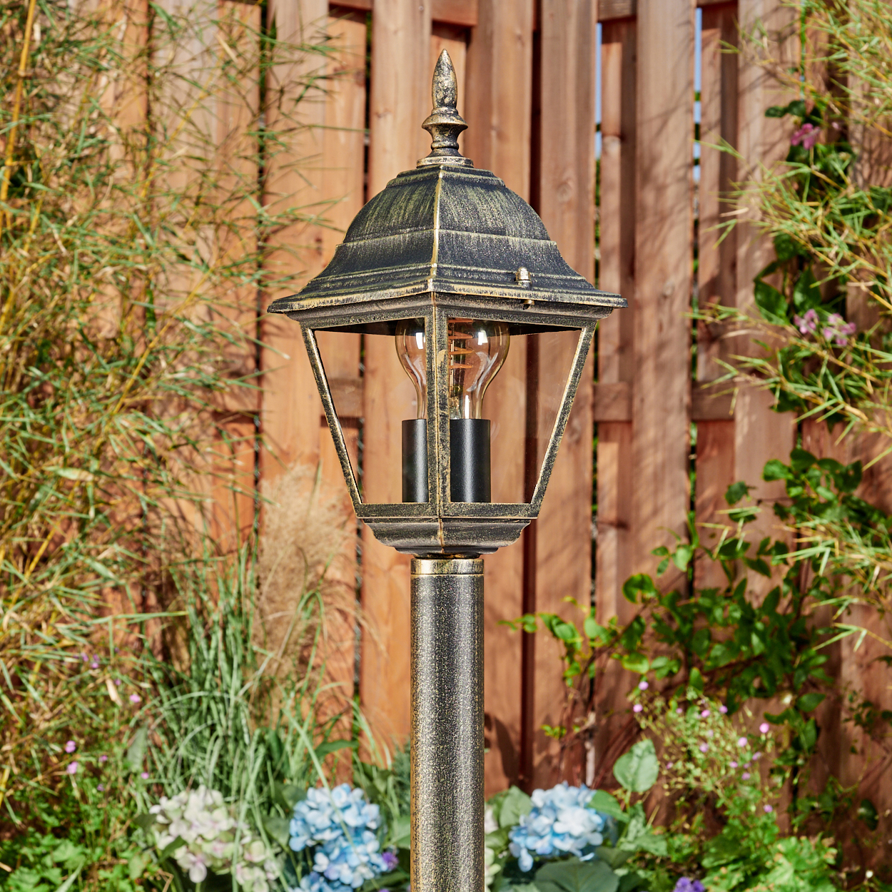 Eine bronzefarbene Außenlaterne mit Glasgehäuse und dekorativer Glühbirne vor einem Holzzaun.