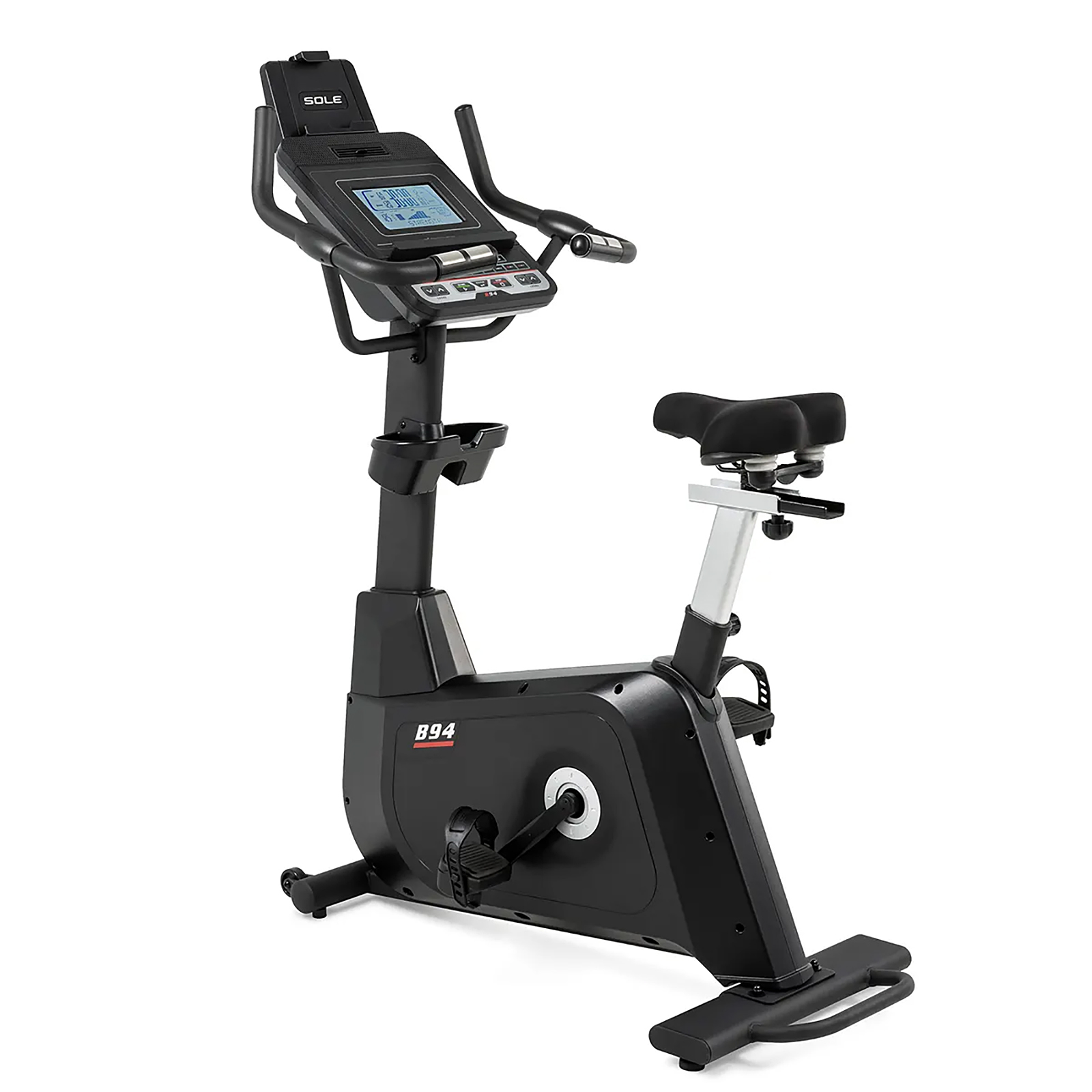 Ein schwarzes stationäres Trainingsfahrrad mit Digitalanzeige und verstellbarem Sitz, isoliert.