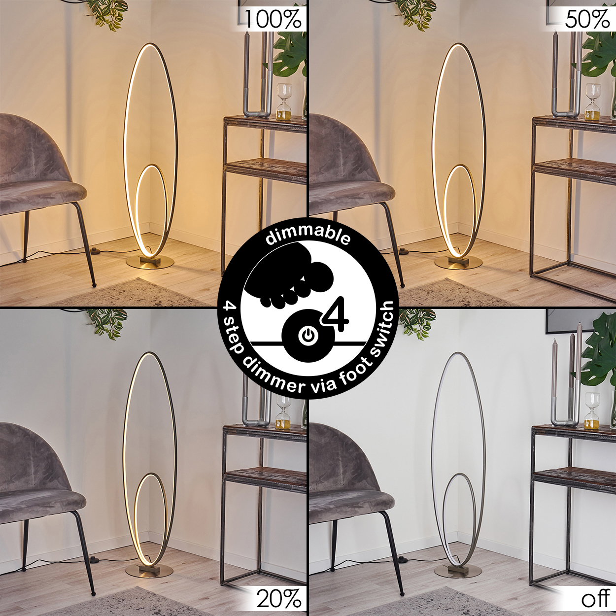 Eine Reihe von Bildern, die eine moderne Stehlampe mit verschiedenen Lichteinstellungen und einem Dimmschalter zeigen.