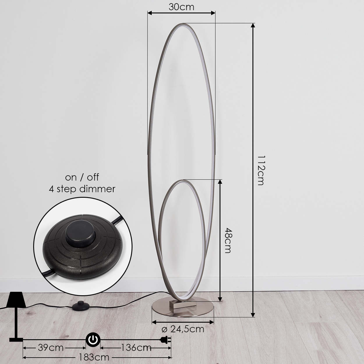 Eine moderne Stehlampe mit Maßen. Sie hat einen Sockel, einen Rahmen und einen Dimmschalter. Maße sind angezeigt.
