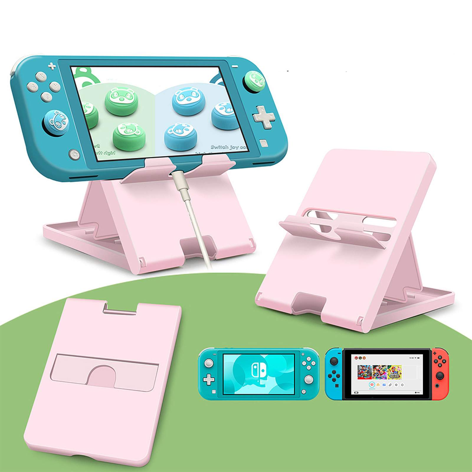 Eine Anzeige von Spielkonsolen: Nintendo Switch Lite, Switch und verschiedene rosa Ständer.