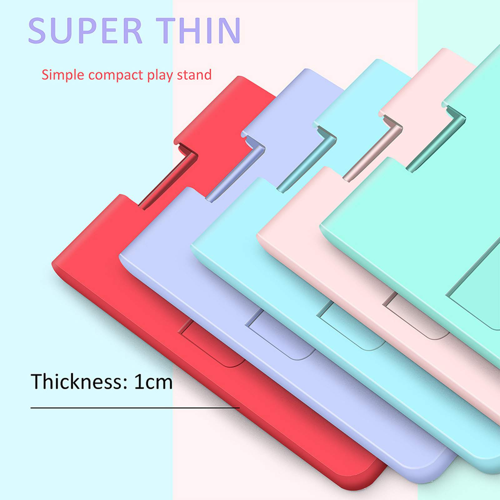 Stapel bunter, dünner Spielständer. Rot, blau, lila, grün und pink. Text liest sich 'Super Thin' und 'Thickness: 1cm'.