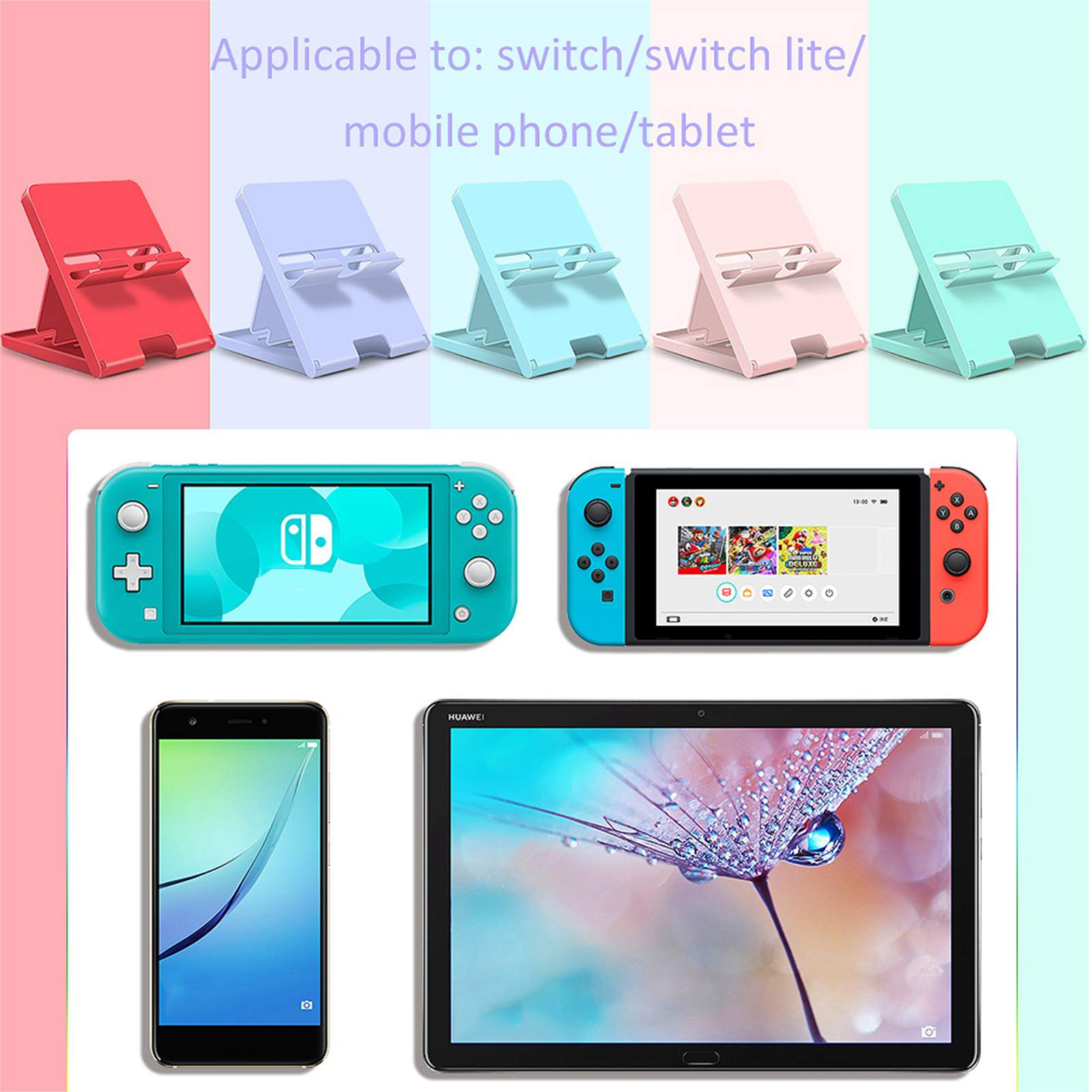 Eine Anzeige von Spielkonsolen, einschließlich Switch Lite, Switch und einem Telefon mit rosa Ständern.