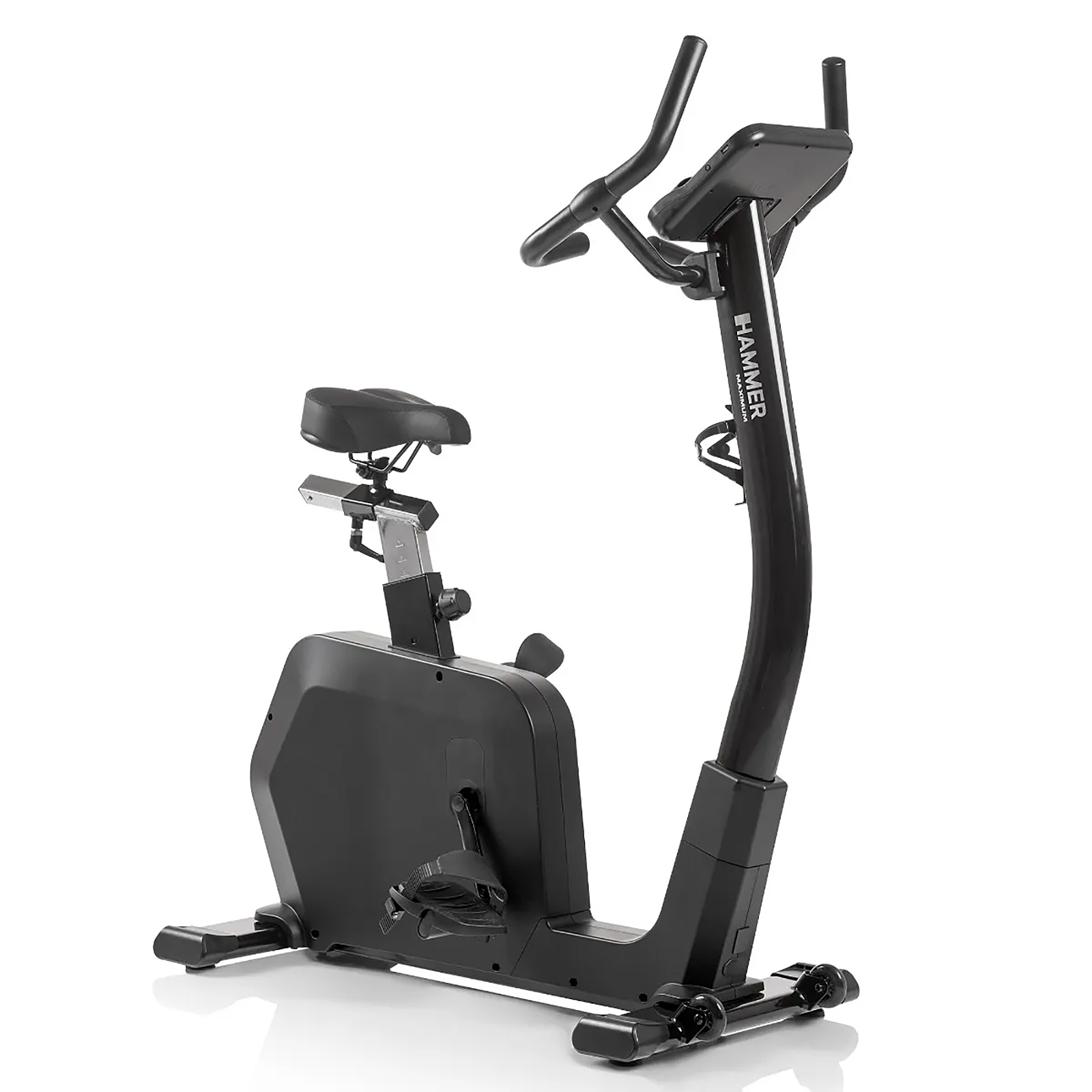 Ein schwarzes stationäres Trainingsfahrrad. Es hat einen Sitz, einen Lenker und Pedale.