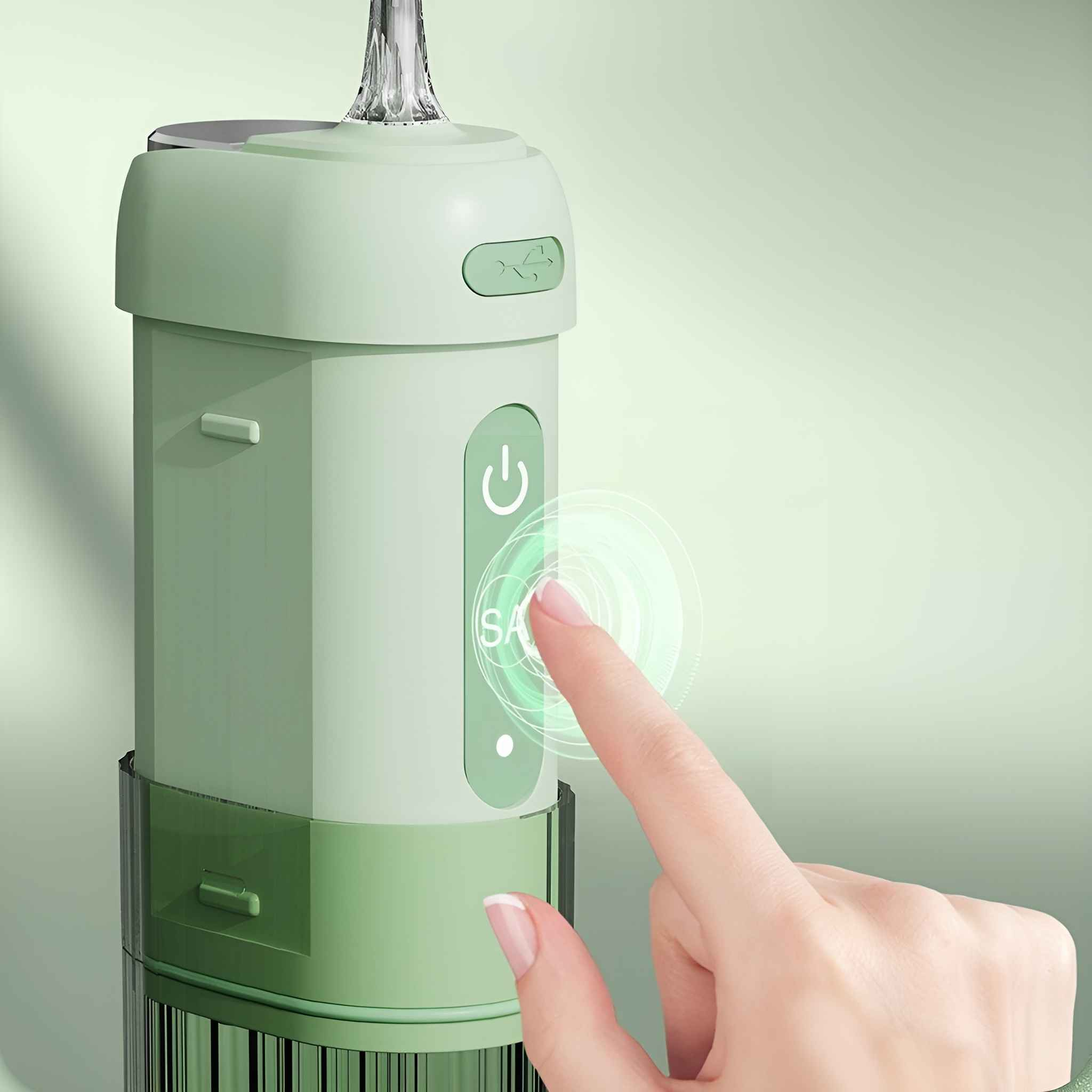Der Finger einer Person berührt eine grüne, berührungsempfindliche Taste auf einem grünen Gerät.