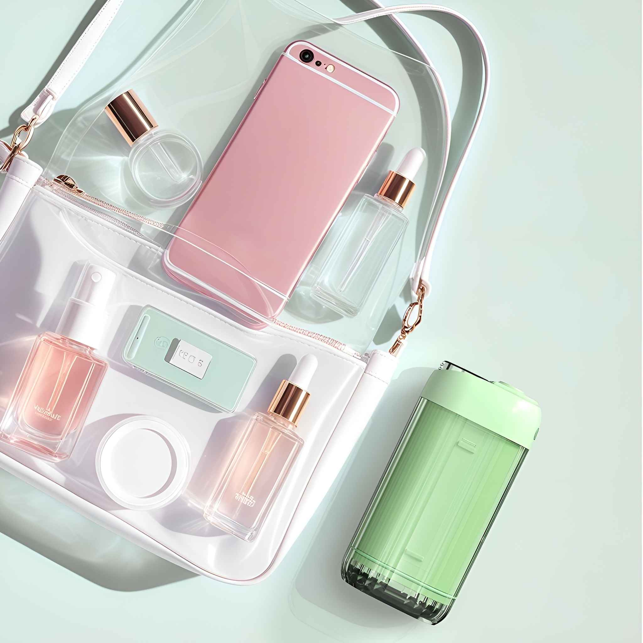 Eine transparente Tasche mit einem pinkfarbenen Telefon, Parfümflaschen und Schönheitsprodukten. Ein grünes Gerät ist auch in der Tasche.