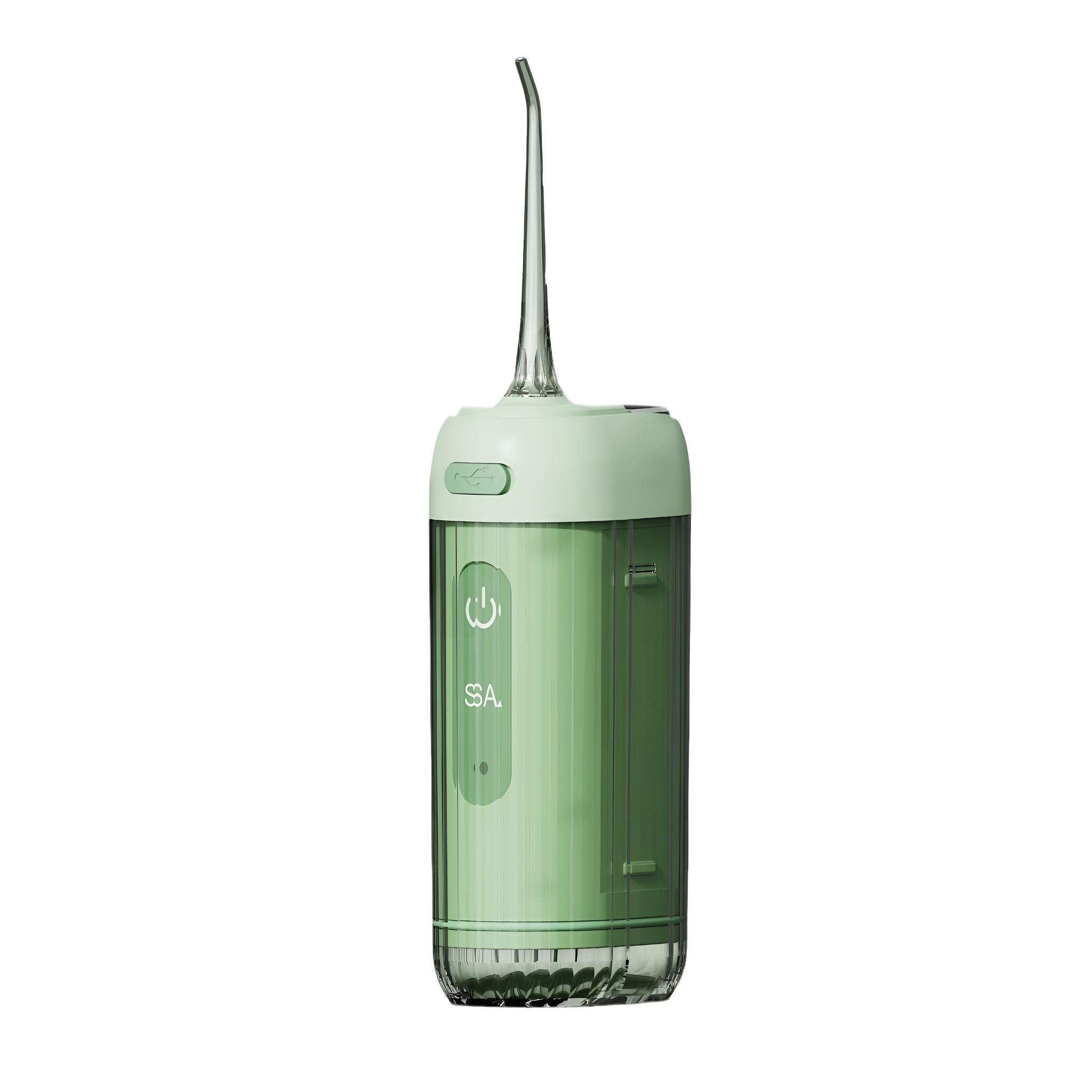 Ein grüner und weißer tragbarer Wasserflosser, der den Ein-/Ausschalter und das SA-Logo auf der Vorderseite zeigt.