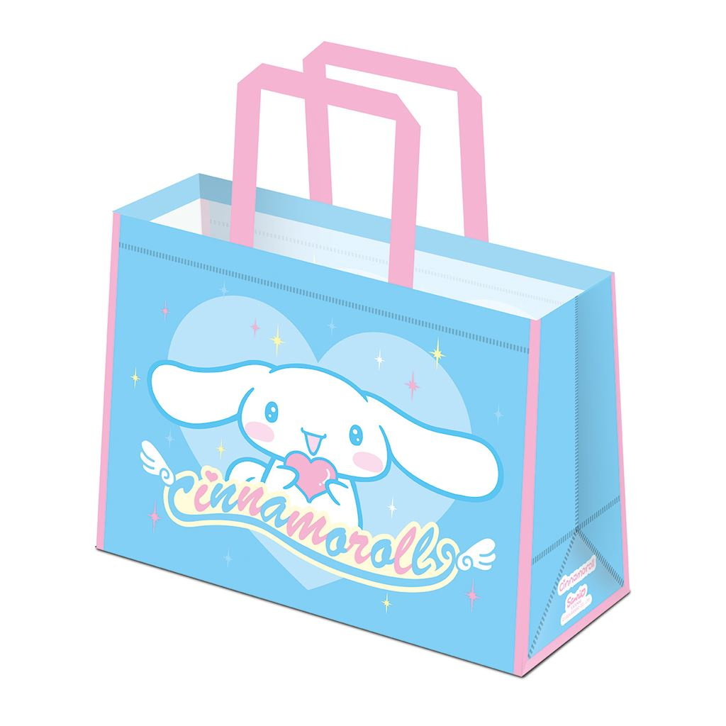 Blaue Cinnamoroll-Tragetasche mit rosa Griffen. Cinnamoroll-Figur in der Mitte.