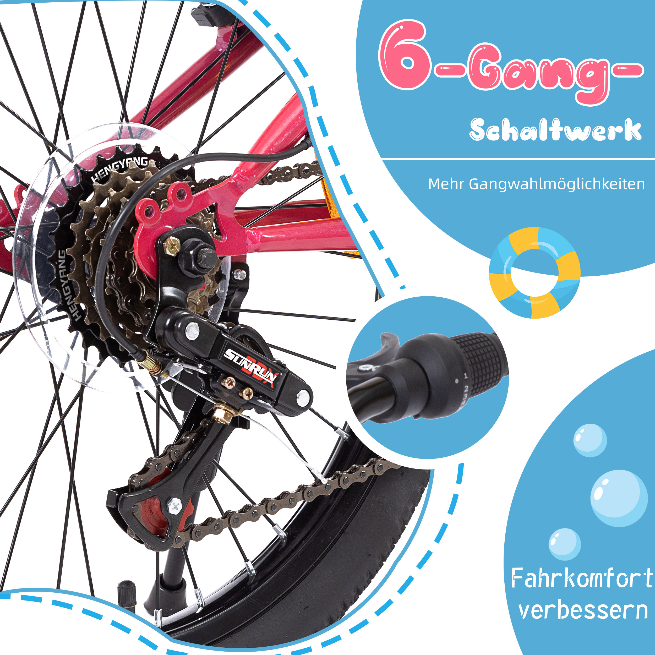 Nahaufnahme des hinteren Schaltwerks und Getriebes eines Fahrrads, mit pinkfarbenem Rahmen und schwarzer Kette.