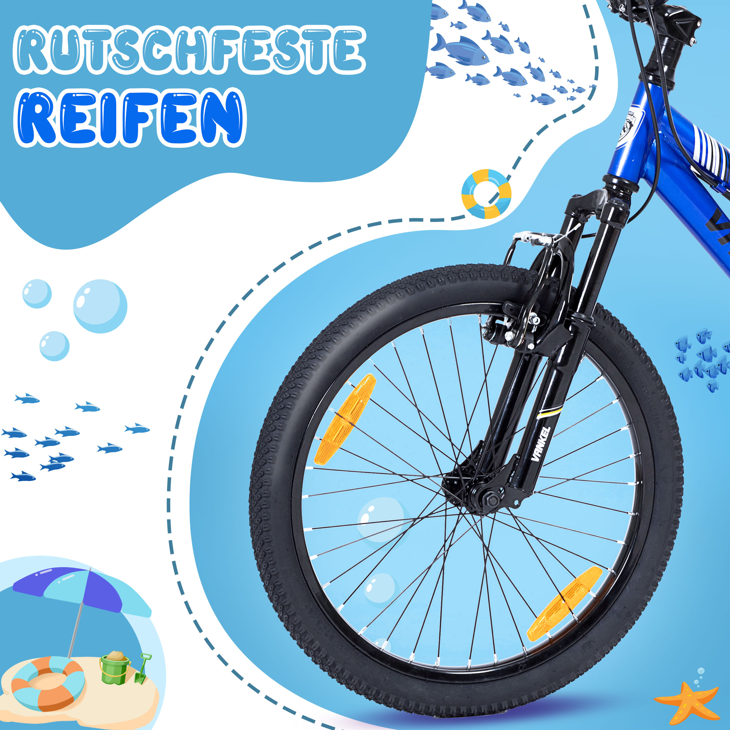 Blaues Fahrrad mit 'Rutschfeste Reifen'-Text. Dekorative Elemente: Fische, Strandszene und Blasen.