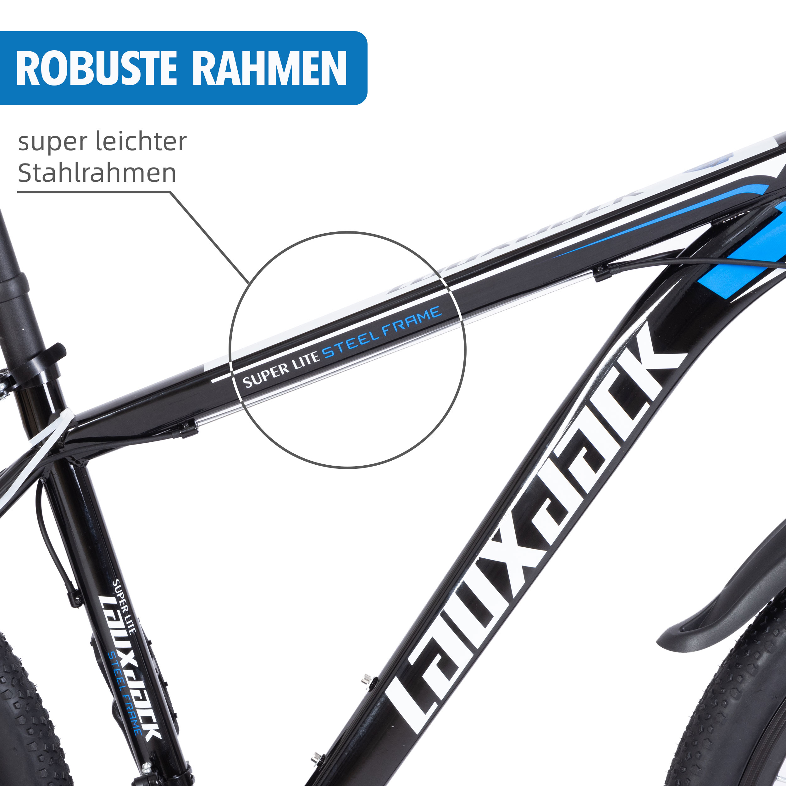 Nahaufnahme eines schwarz-weißen Mountainbike-Rahmens mit den Worten 'SUPER LITE STEEL FRAME'.