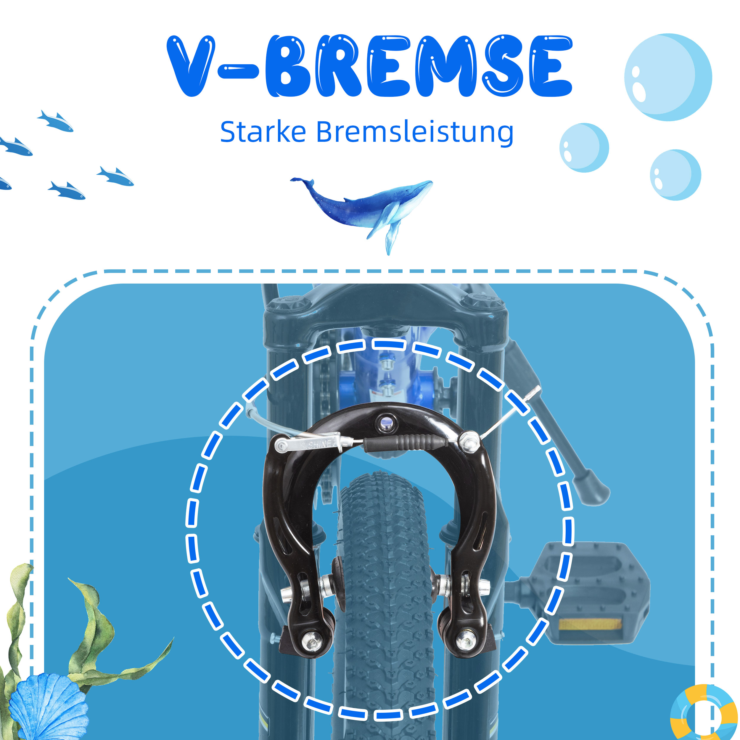 Das Vorderrad und die Bremsen eines Fahrrads werden gezeigt. Das Bild hebt das V-Bremssystem hervor.