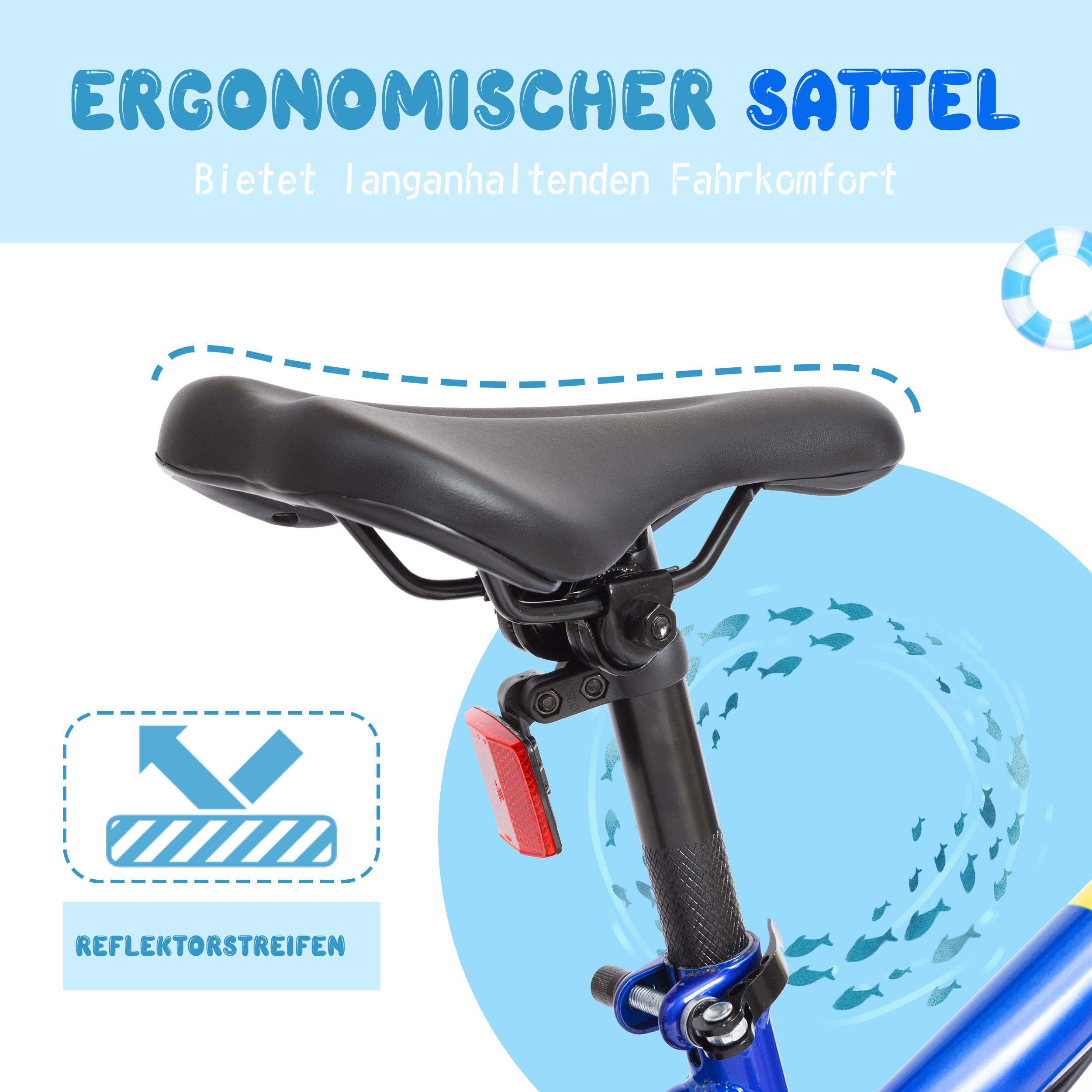 Ein Fahrradsattel mit rotem Reflektor und Text, der auf ein ergonomisches Design hinweist.