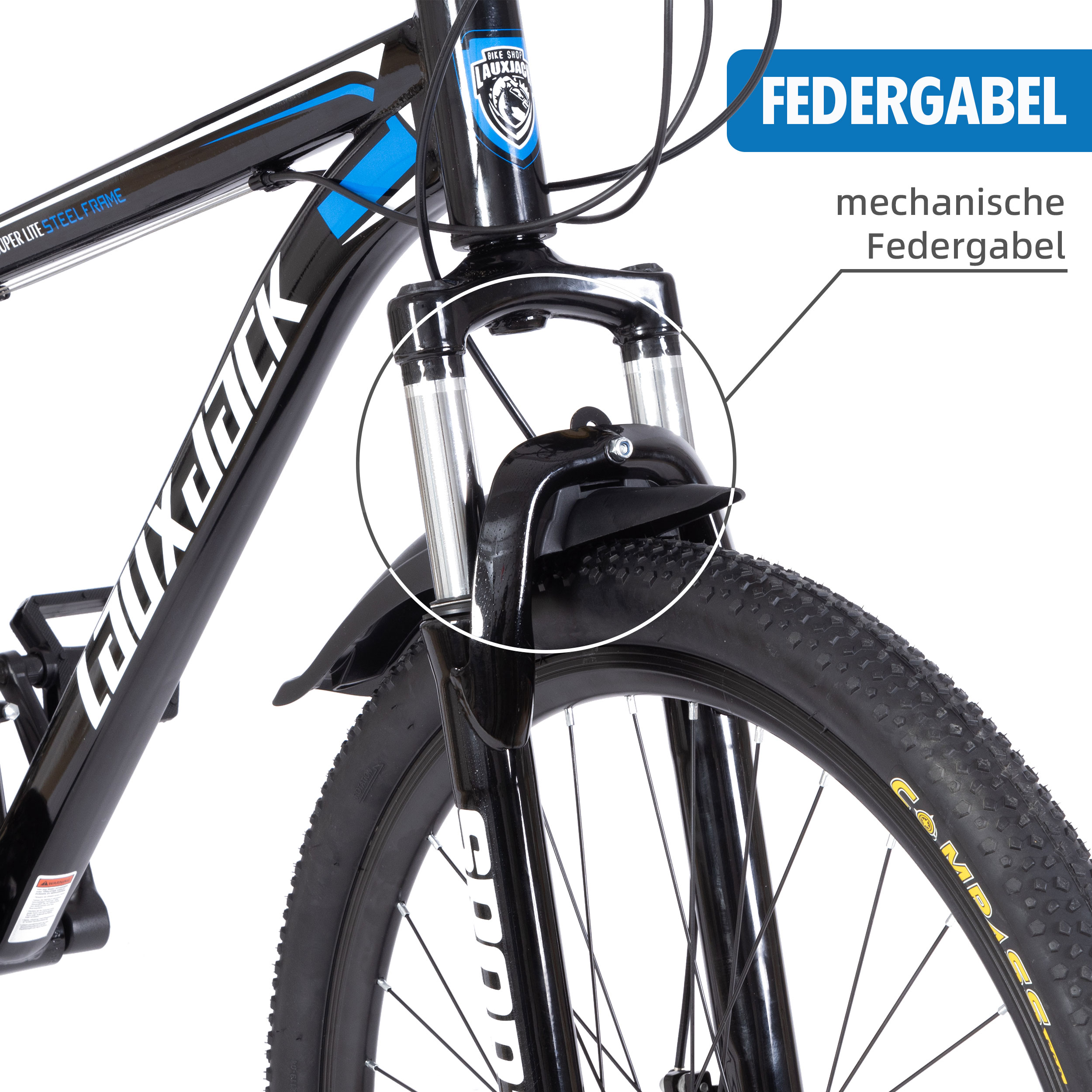 Nahaufnahme der Vorderradgabel und des Schutzblechs eines Mountainbikes. Text: 'FEDERGABEL'.