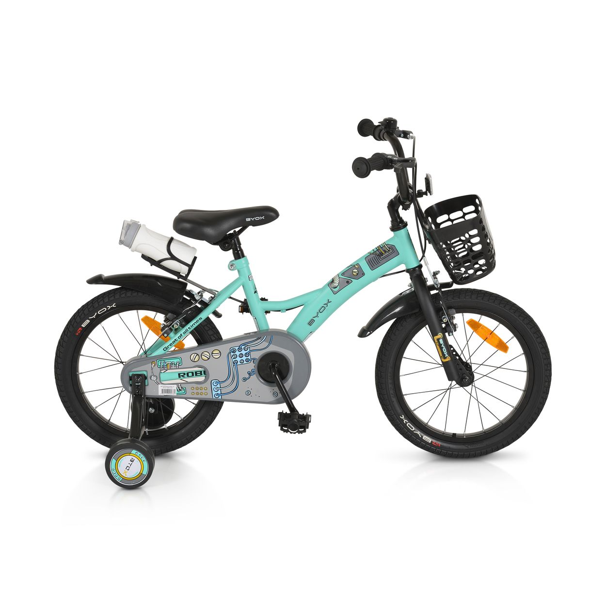 Una bicicleta turquesa para niños con ruedines, una cesta y un portabotellas.
