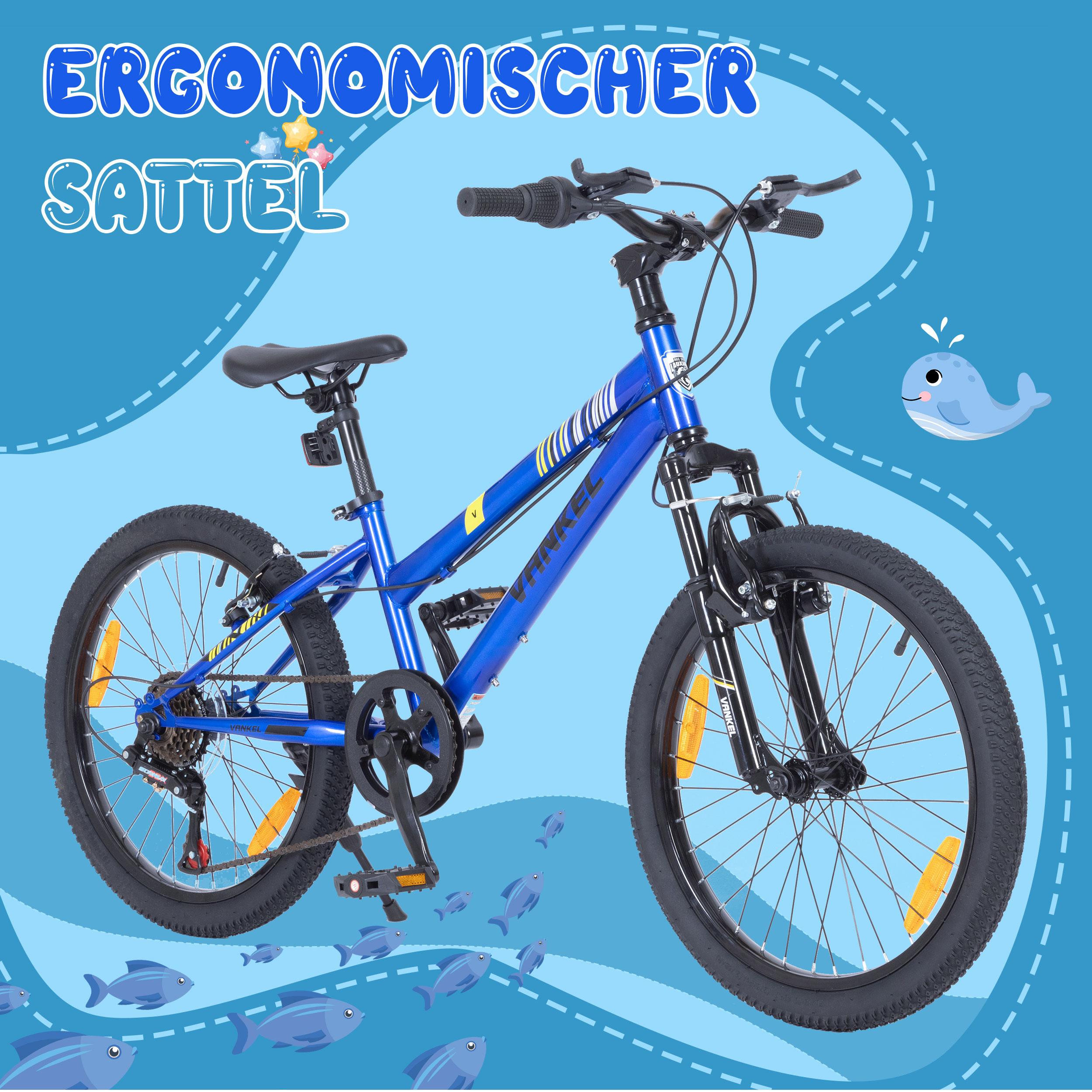 Blaues Fahrrad mit Text 'ERGONOMISCHER SATTEL'. Der Hintergrund zeigt Fische und einen Wal.