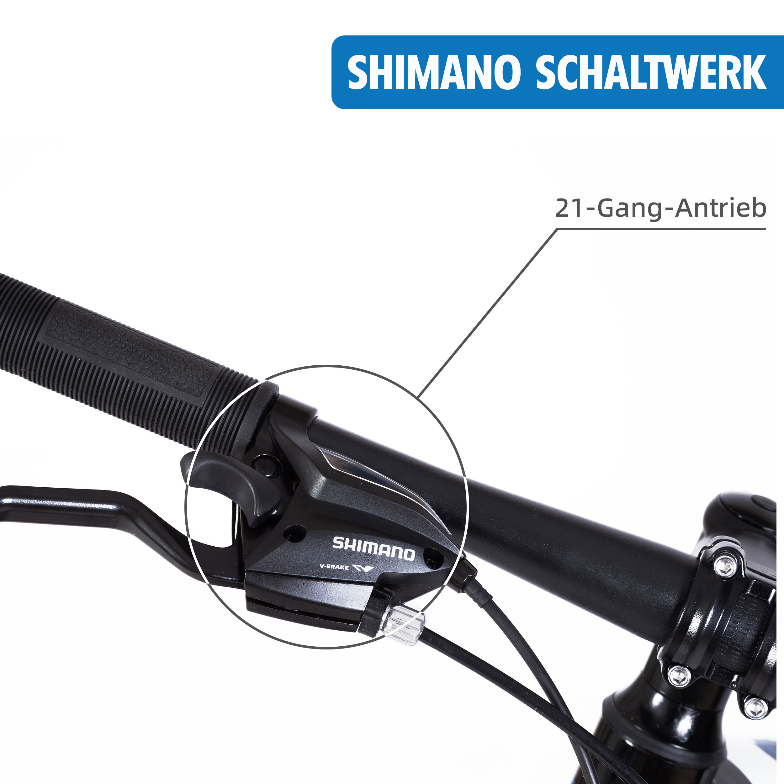Nahaufnahme eines Fahrradlenkers mit Shimano-Gangschaltern. Das Bild ist gut beleuchtet.
