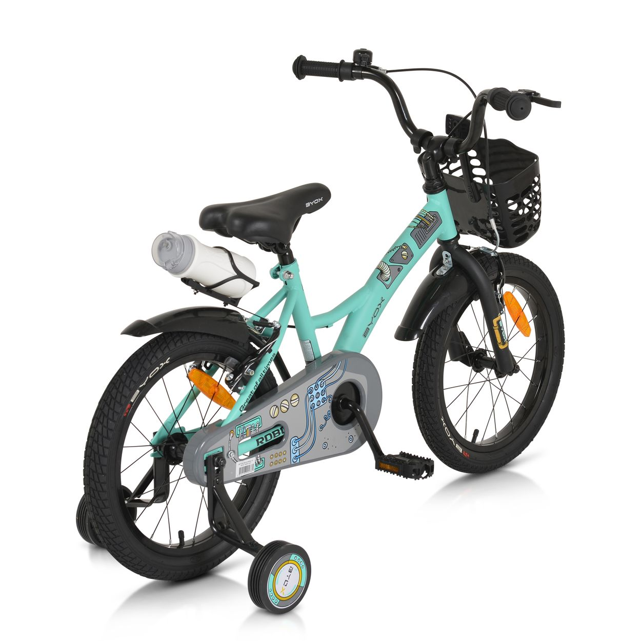 Una bicicleta turquesa para niños con ruedines, una cesta y un portabotellas.