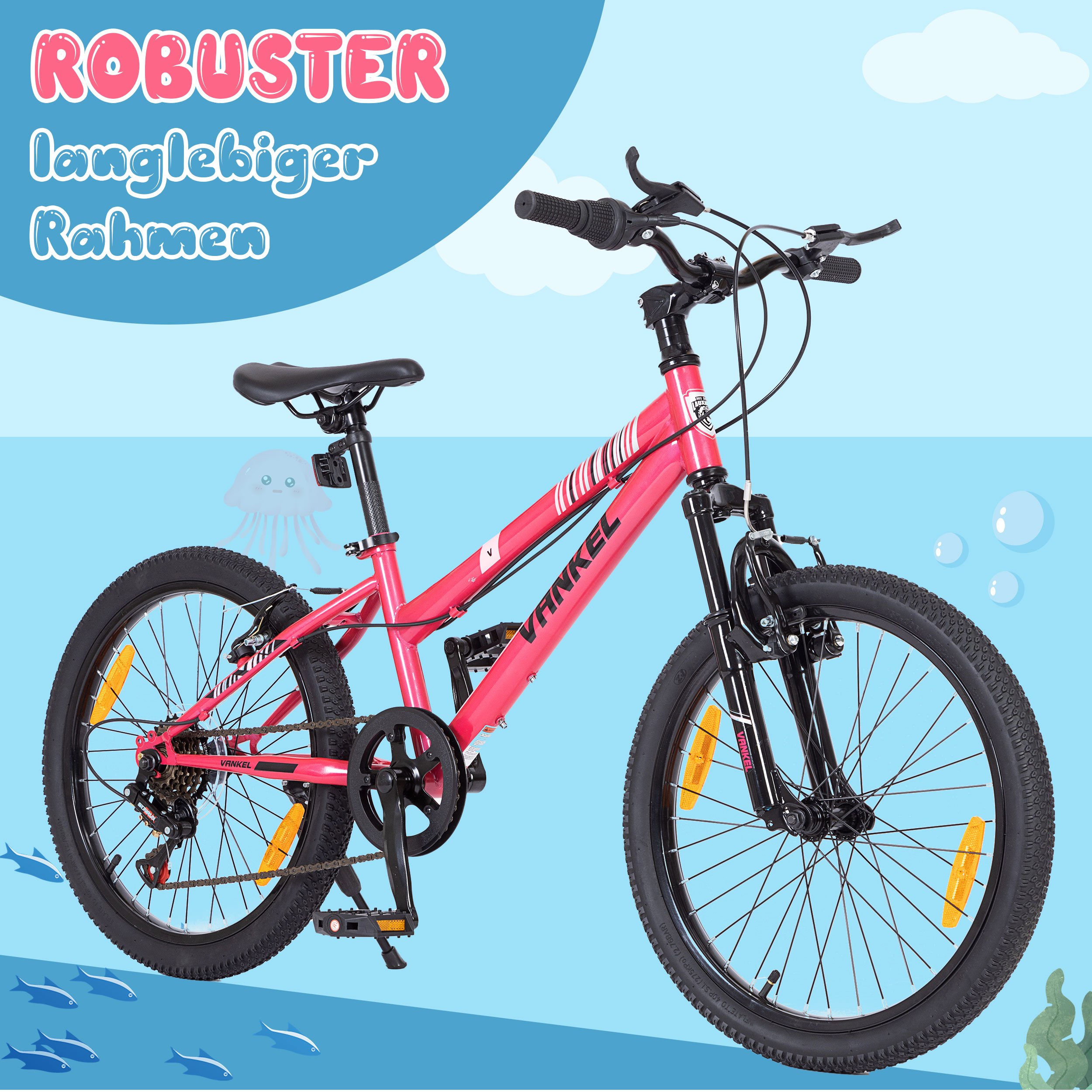 Rosa Fahrrad mit schwarzen Reifen und Details, vor blauem Hintergrund mit Text.