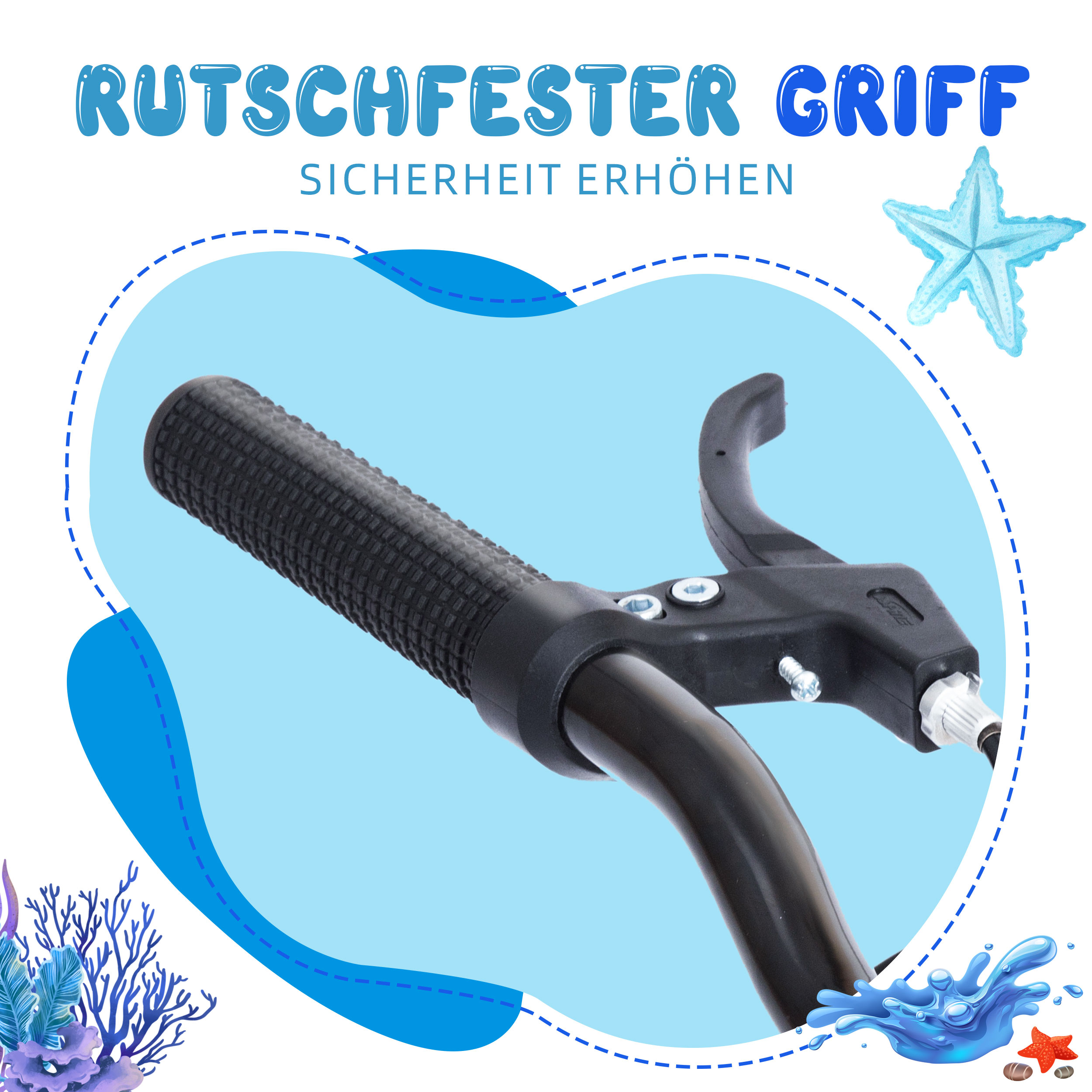 Nahaufnahme eines Fahrradlenkers mit strukturierter Grifffläche, einem Bremshebel und blauem Hintergrund.