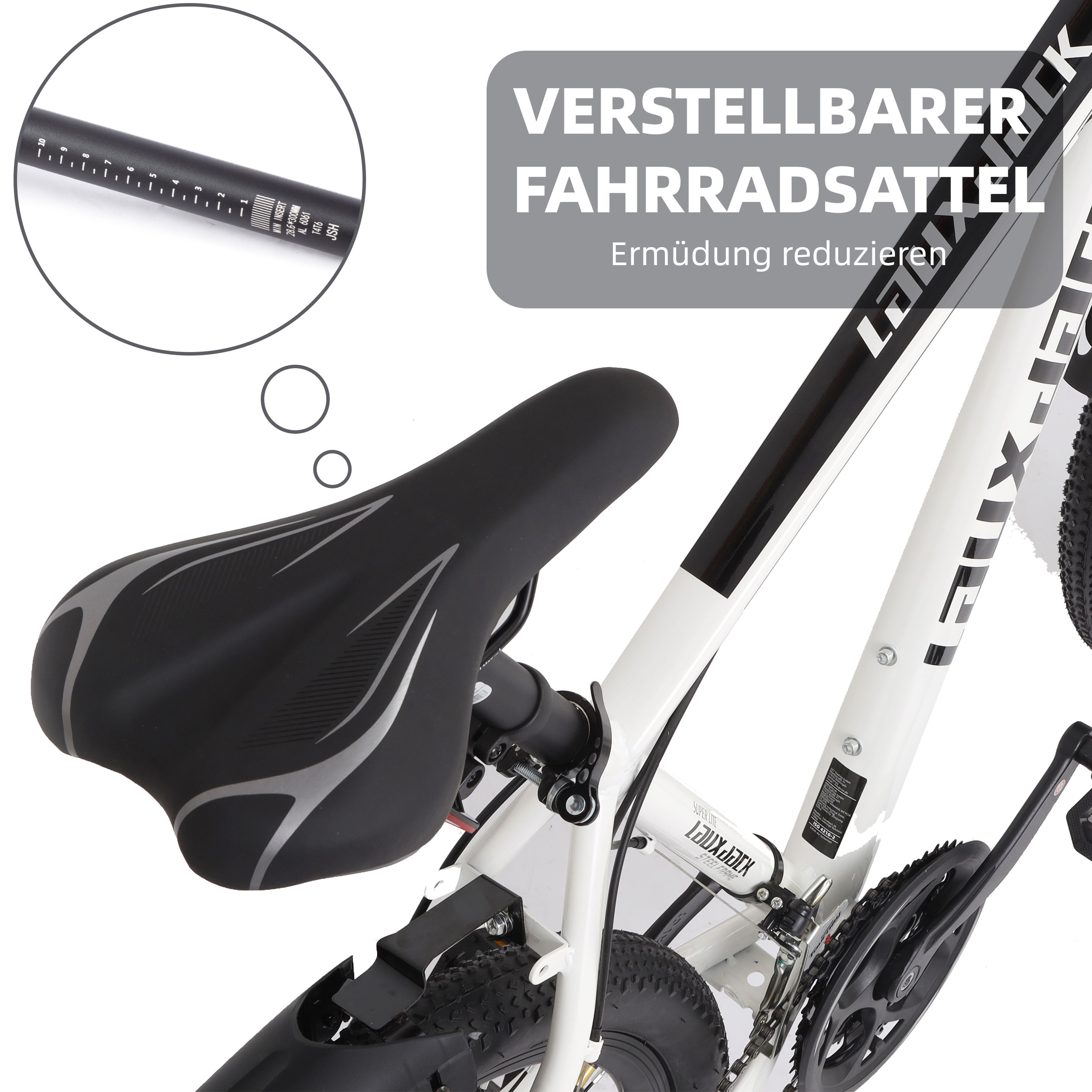 Nahaufnahme eines Fahrradsattels mit verstellbarem Vorbau. Der Sattel ist schwarz, mit silbernen Details. Weißer Fahrradrahmen.