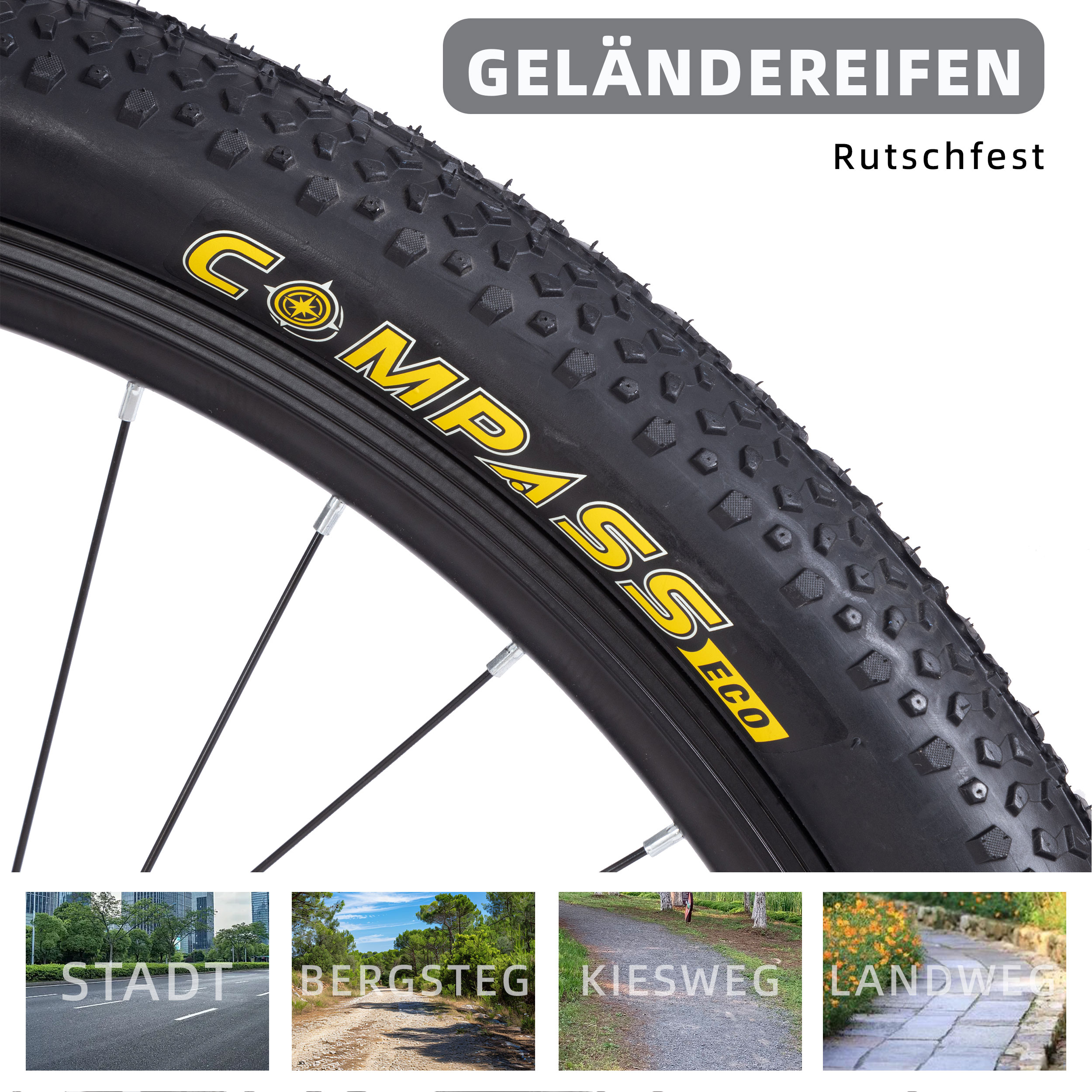 Nahaufnahme eines schwarzen Reifens mit 'COMPASS' und 'ECO' in Gelb, darunter vier Bilder.