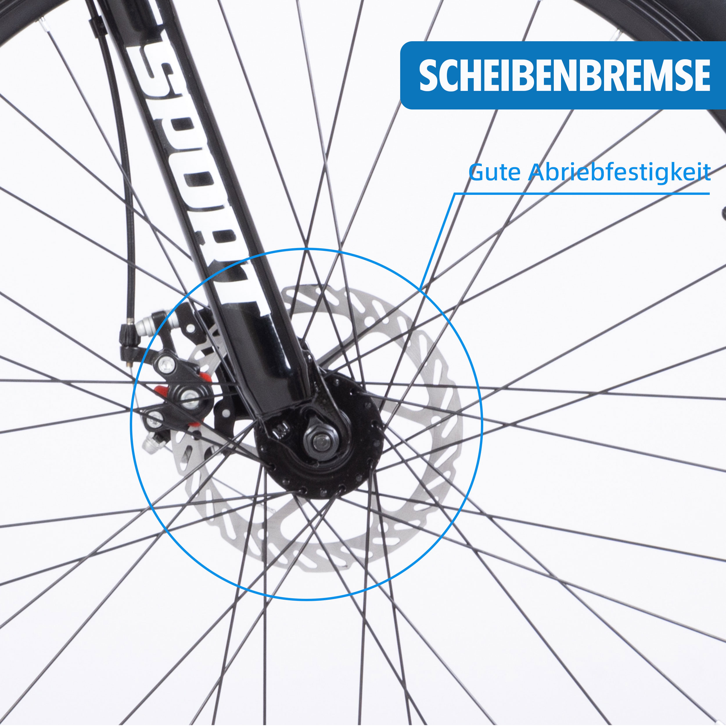 Nahaufnahme einer Scheibenbremse an einem Fahrradrad. Die Scheibe ist silberfarben, die Bremse schwarz. Drähte und Speichen sind sichtbar.