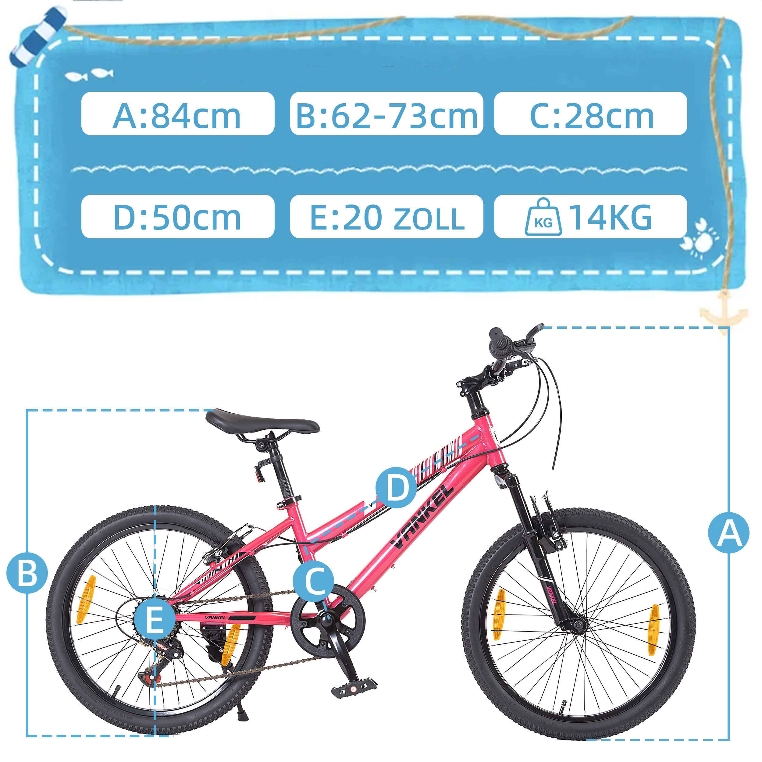 Rosa Fahrrad mit markierten Abmessungen, einschließlich Radgröße und Gewichtsangaben.