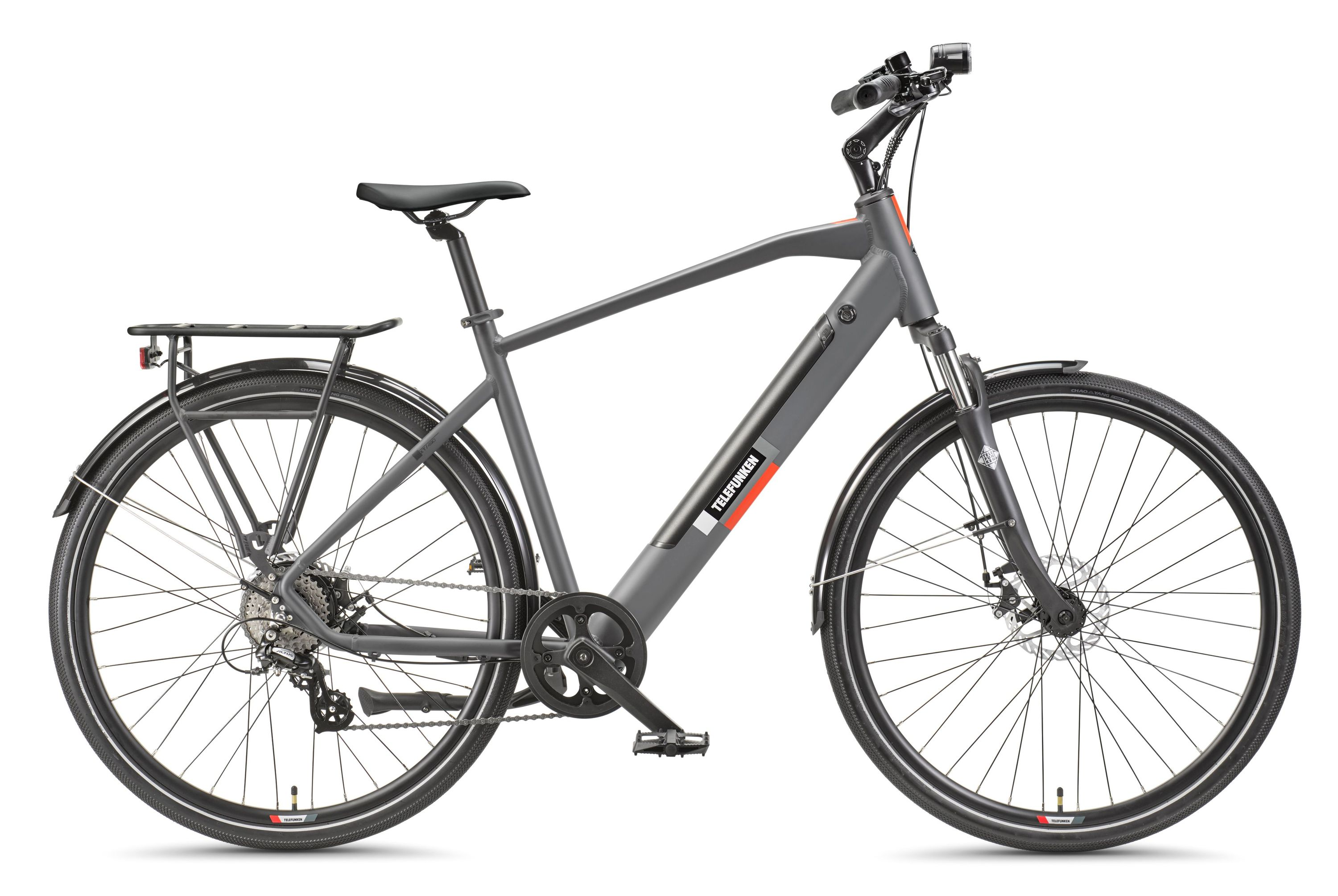 Graues Elektrofahrrad, Seitenansicht. Das Fahrrad hat ein rotes Telefunken-Logo und schwarze Reifen. Weißer Hintergrund.