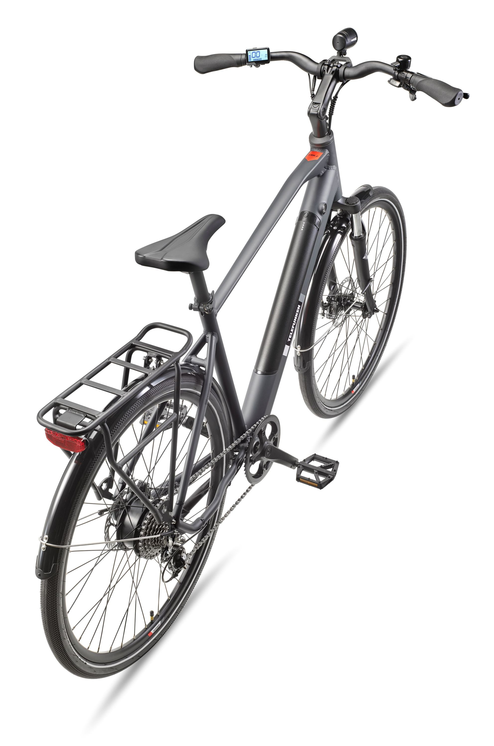 Ein dunkelgraues Fahrrad, von oben gesehen, mit schwarzem Gepäckträger, schwarzen Reifen und schwarzem Sitz.