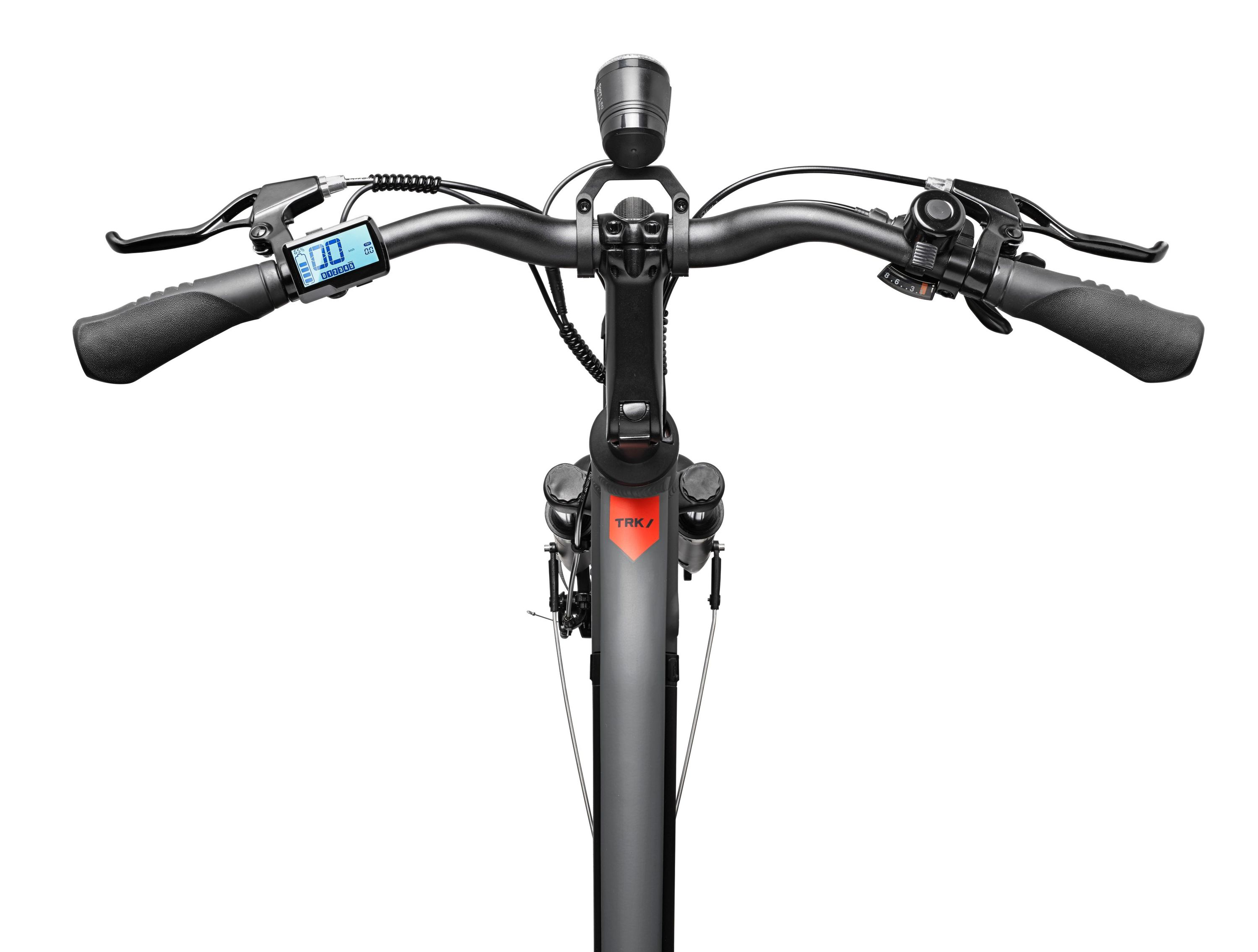 Draufsicht auf Fahrradlenker, schwarz mit Display und Lichtern. Weißer Hintergrund.