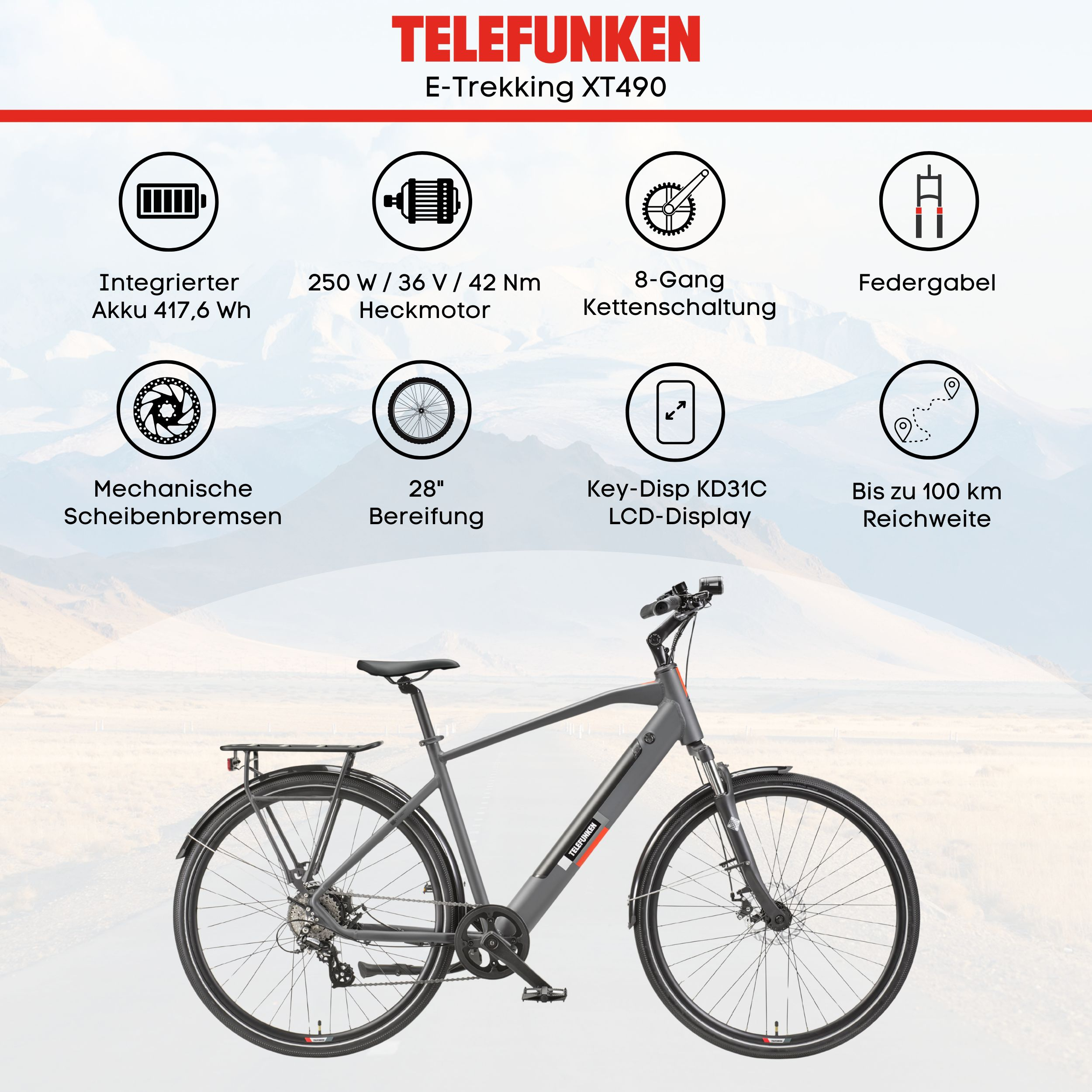 Ein E-Bike mit einem schwarz-grauen Rahmen und einem weißen Hintergrund mit Informationsgrafiken.