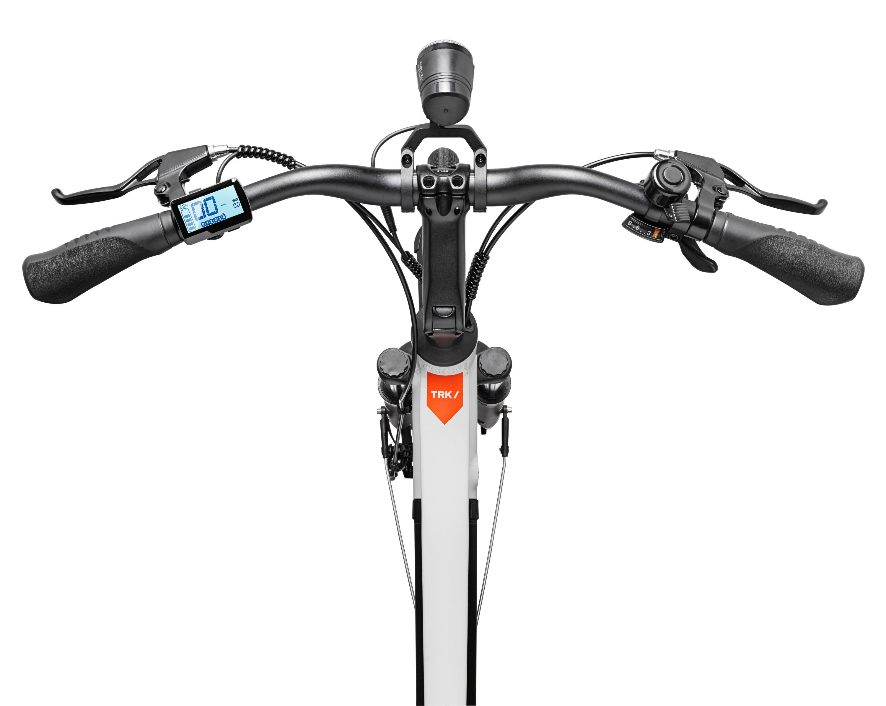 Draufsicht auf Fahrradlenker mit Display. Weißer Hintergrund.