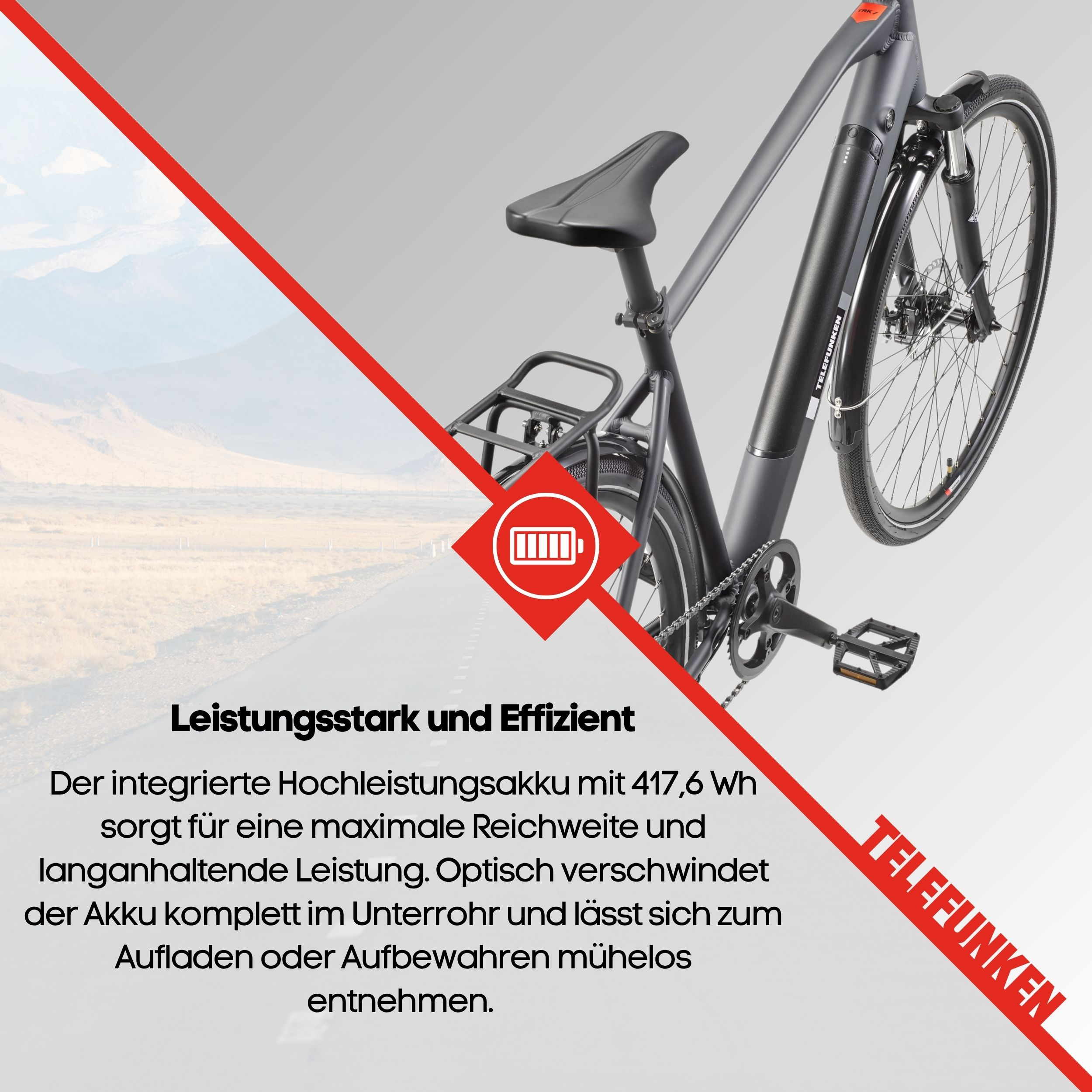 E-Bike mit Akku. Telefunken-Branding, Grau-Schwarz-Farbschema.