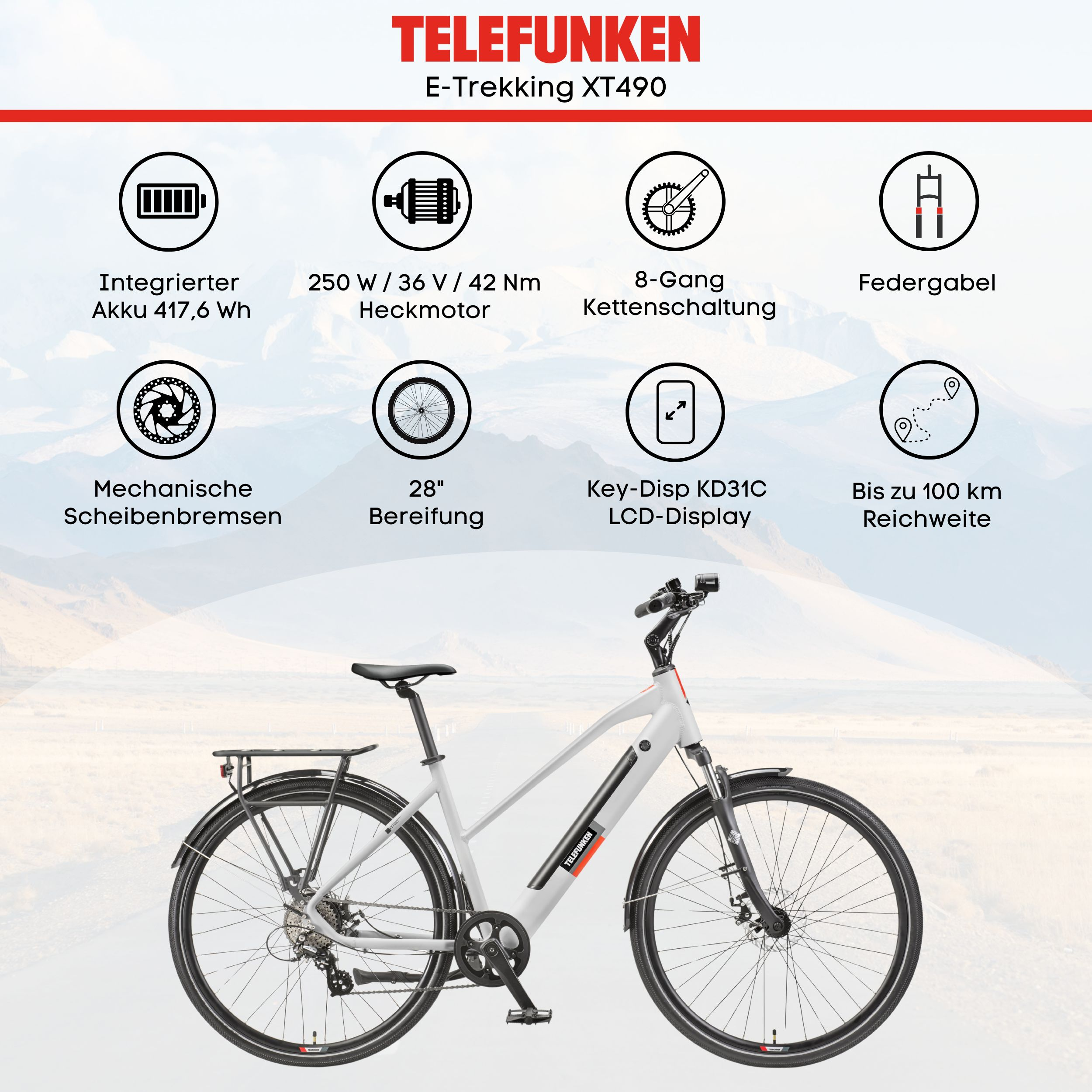 Ein E-Bike mit weißem und grauem Rahmen vor verschwommenem Hintergrund mit Informationsgrafiken.