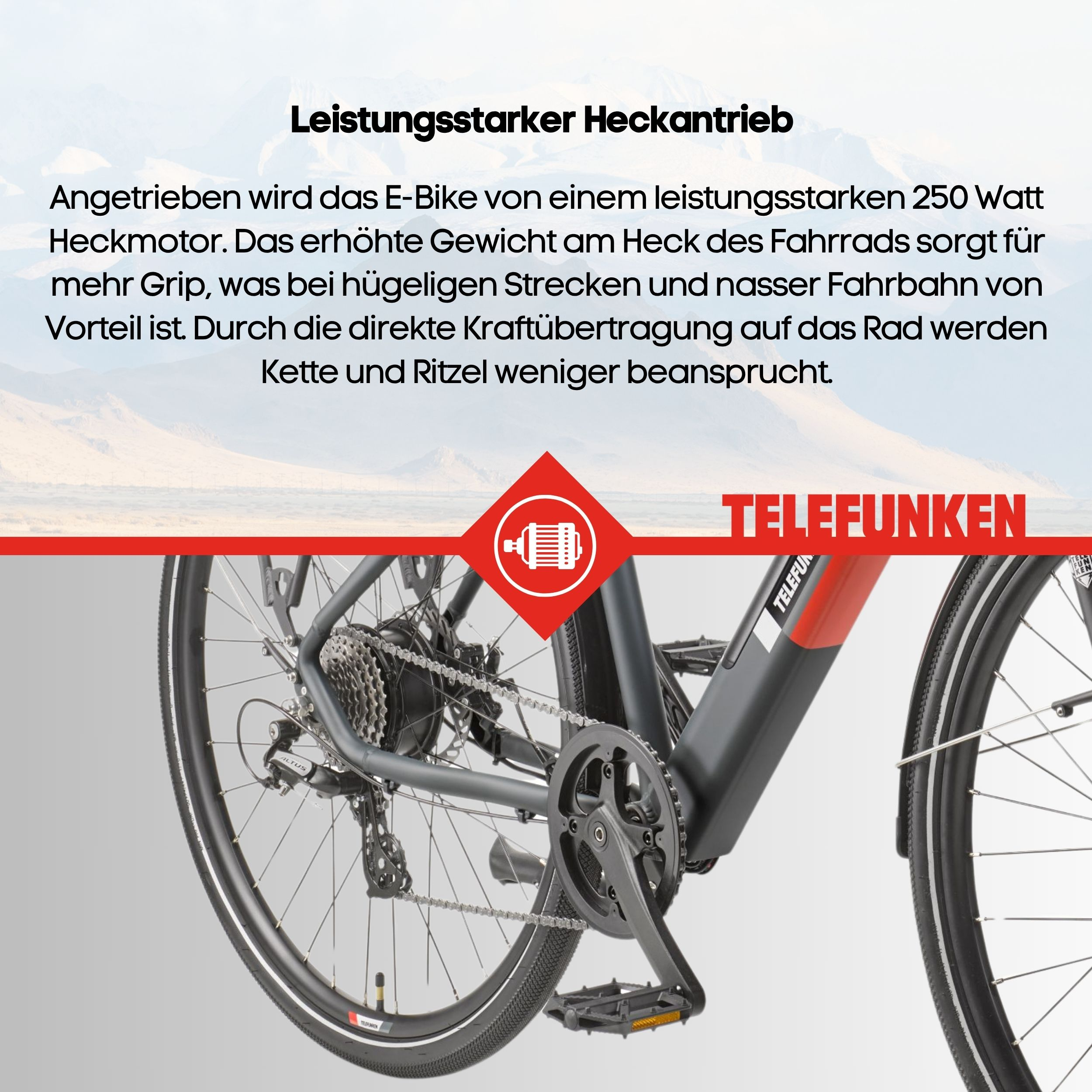 E-Bike-Hinterrad-Detail. Telefunken-Branding. Schwarze und rote Akzente.