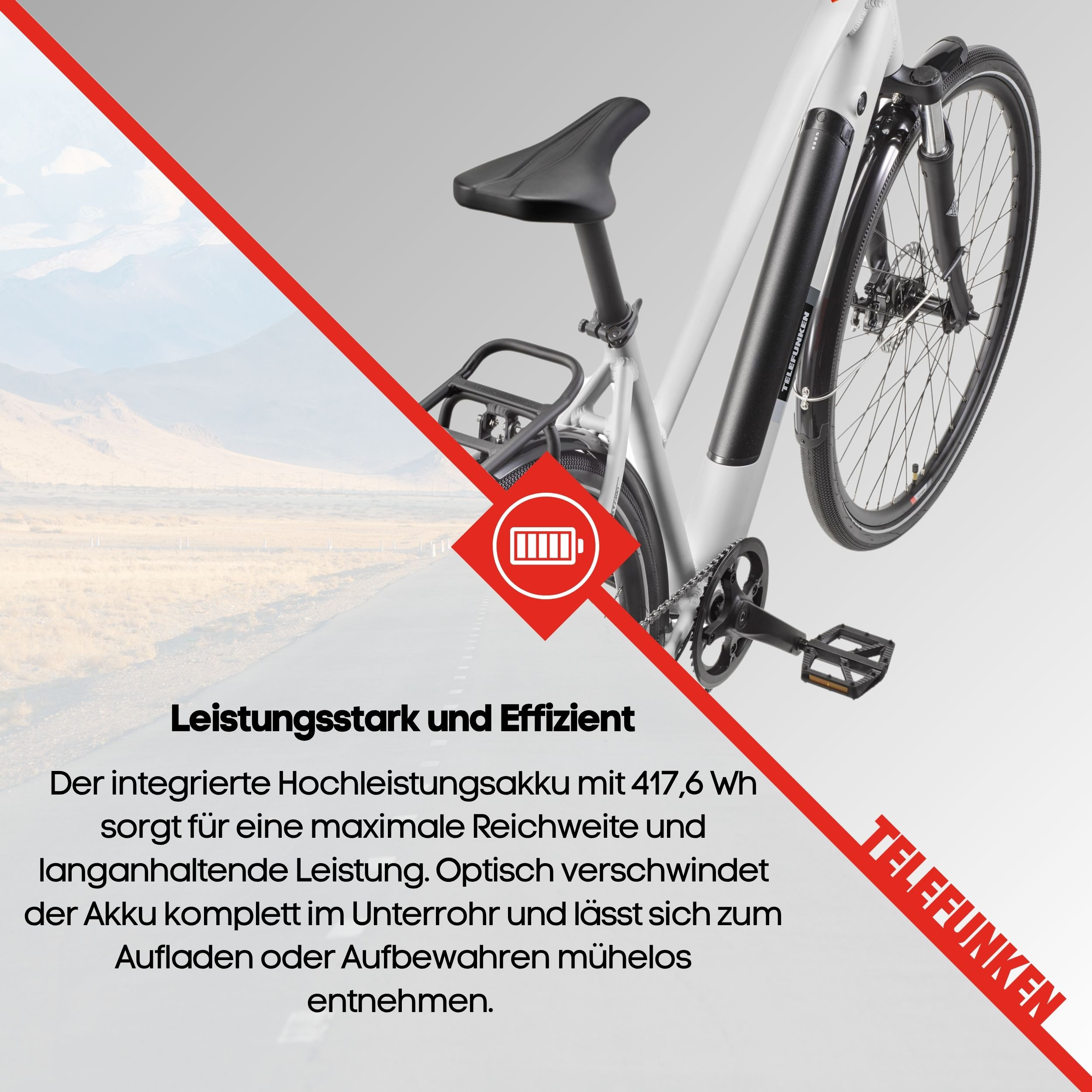 E-Bike-Akkudetail. Telefunken-Branding. Grau-Schwarz-Farbschema.
