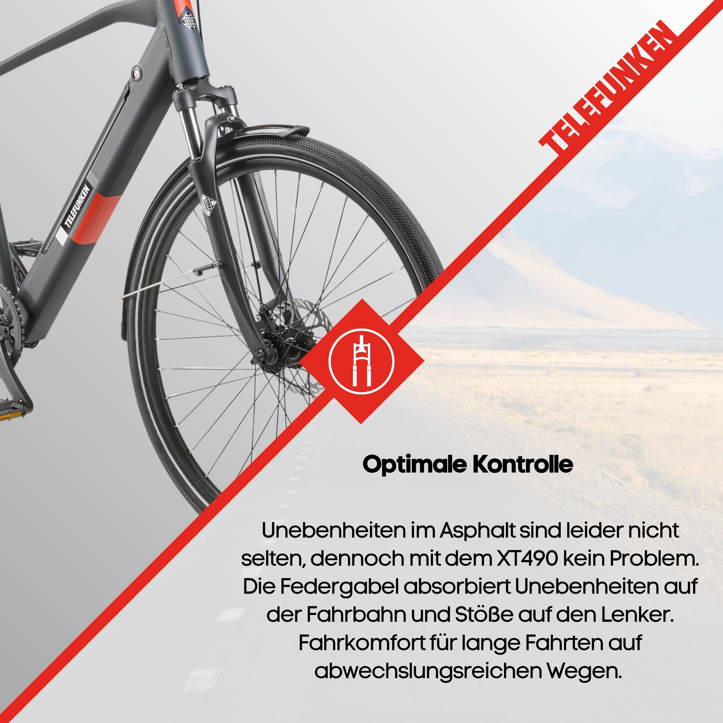 Nahaufnahme des Vorderrads eines E-Bikes mit Text, der die optimale Kontrolle des Fahrrads hervorhebt.