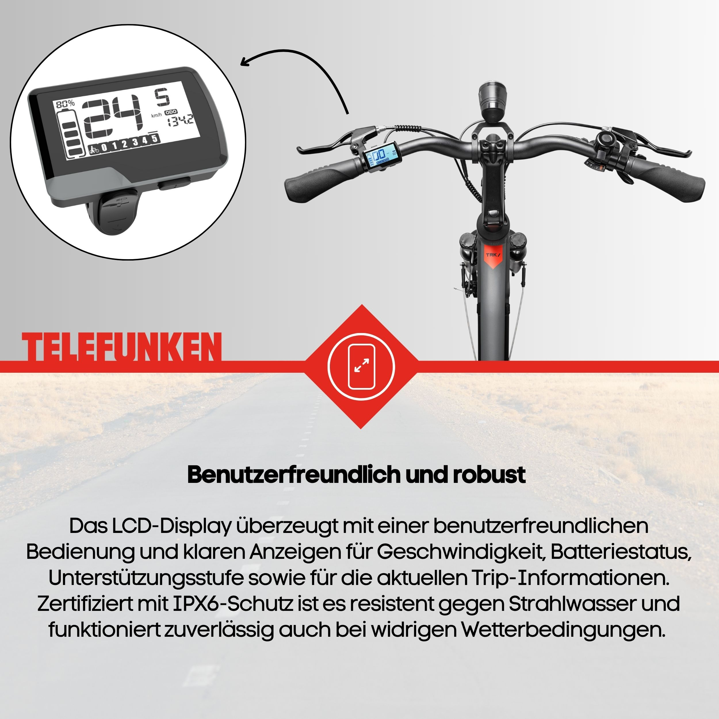 Nahaufnahme des Fahrradlenkers und Displays mit Text, der Benutzerfreundlichkeit und Robustheit bewirbt.