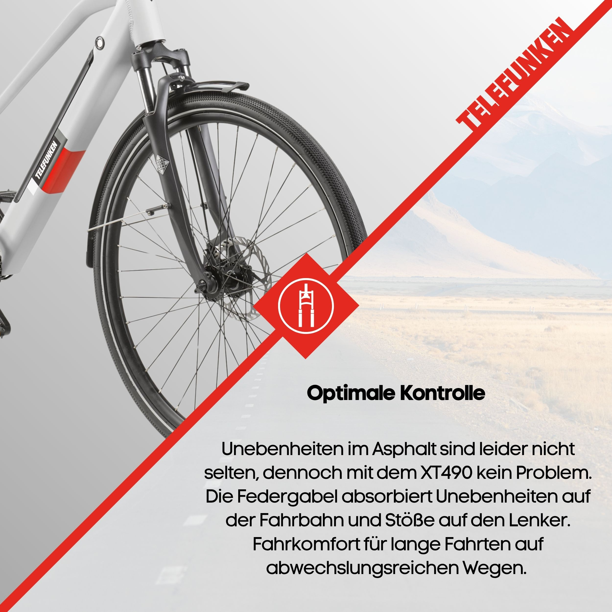 Nahaufnahme des Vorderrads eines E-Bikes mit Text, der die optimale Kontrolle des Fahrrads hervorhebt.