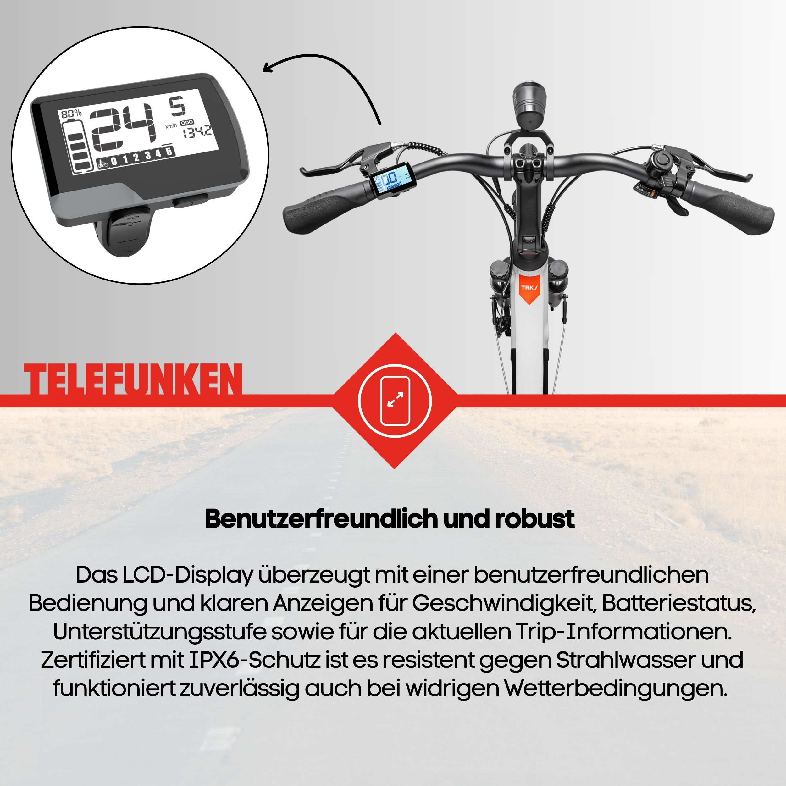Nahaufnahme des Fahrradlenkers und Displays mit Text, der Benutzerfreundlichkeit und Robustheit bewirbt.