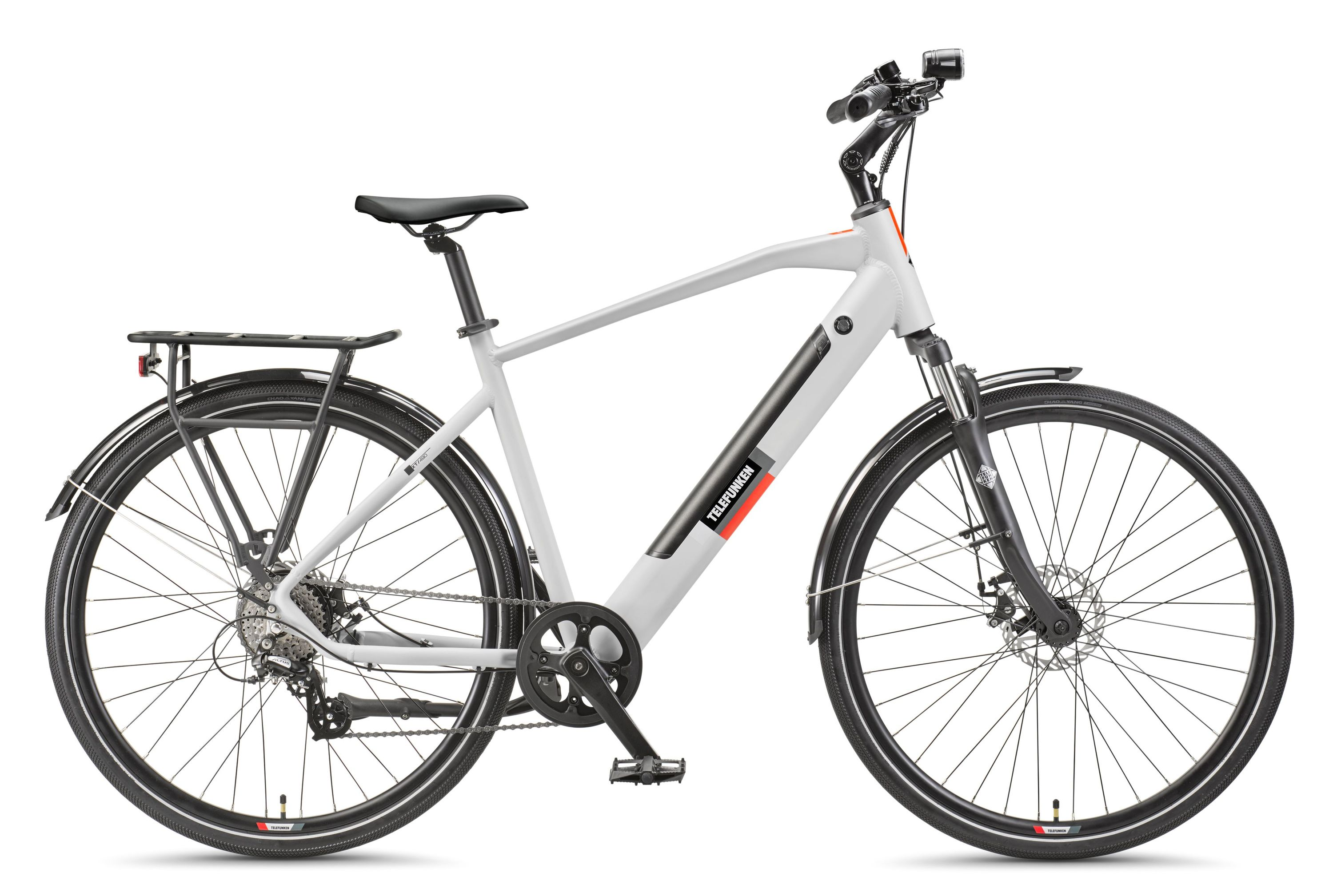 Weißes E-Bike auf weißem Hintergrund. Telefunken-Branding. Seitenansicht.
