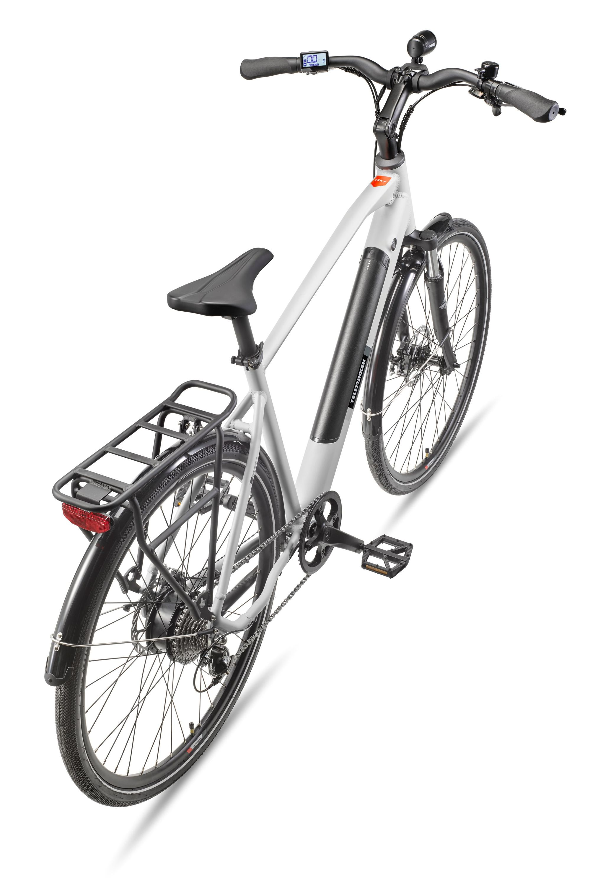 E-Bike von oben. Telefunken-Branding. Schwarz-Grau-Farben.