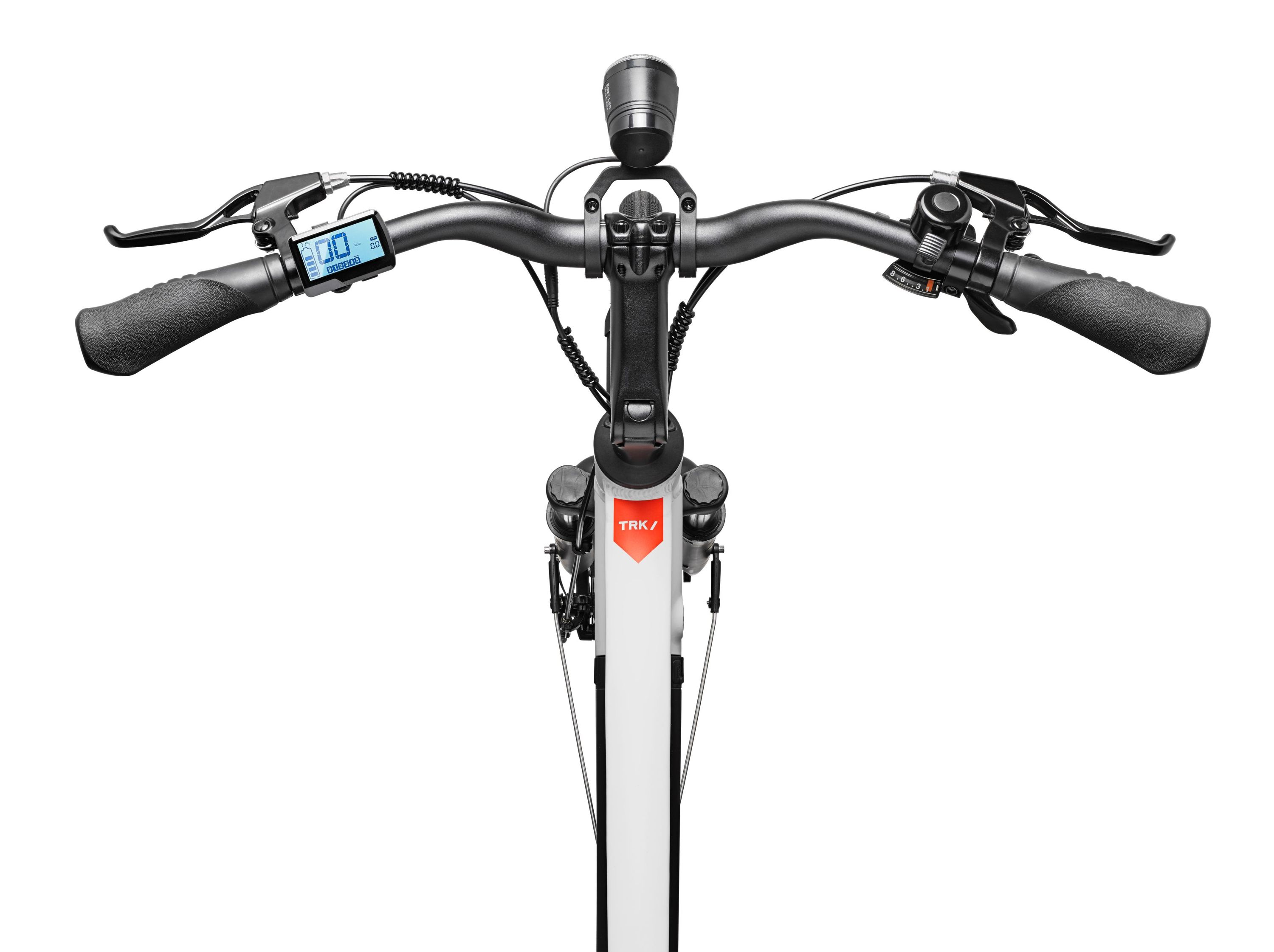 Draufsicht auf Fahrradlenker mit Display. Weißer Hintergrund.