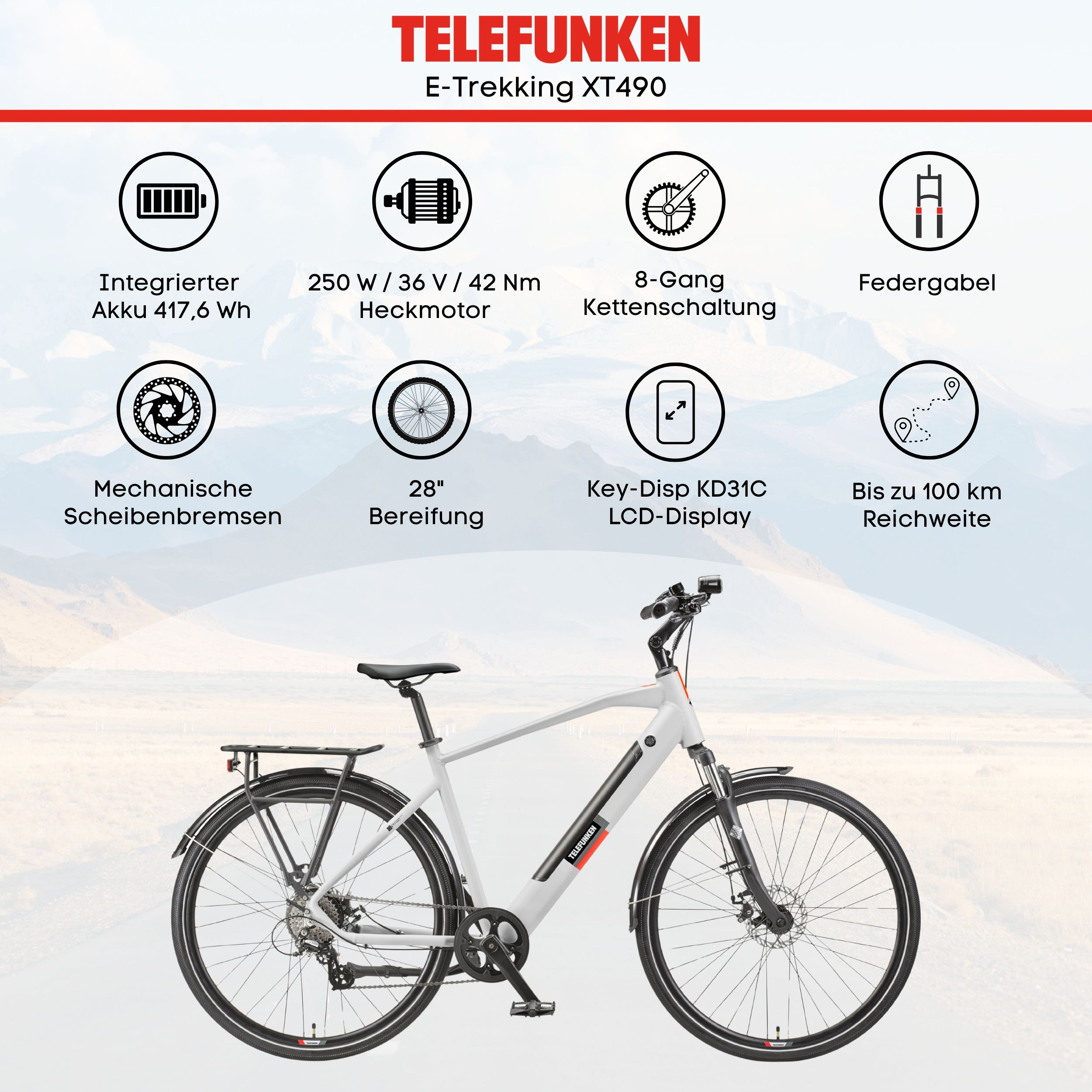 E-Bike mit Spezifikationen. Telefunken-Branding. Weißer Hintergrund.